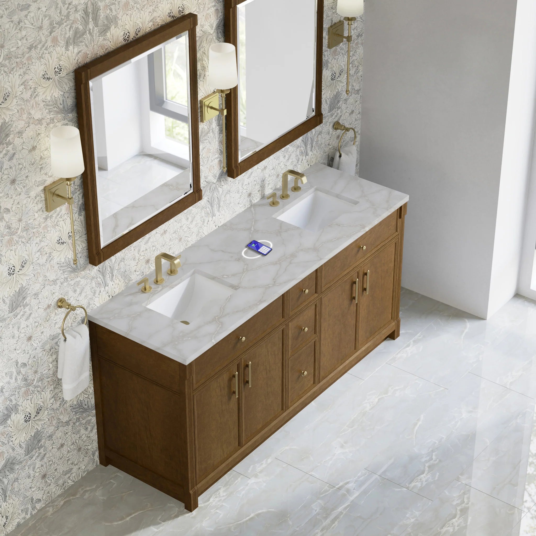 72" Bellshire Double Vanity in Honey Oak w/FreePower Wireless Charger by James Martin Vanities-Victorian Silver Silestone 5
