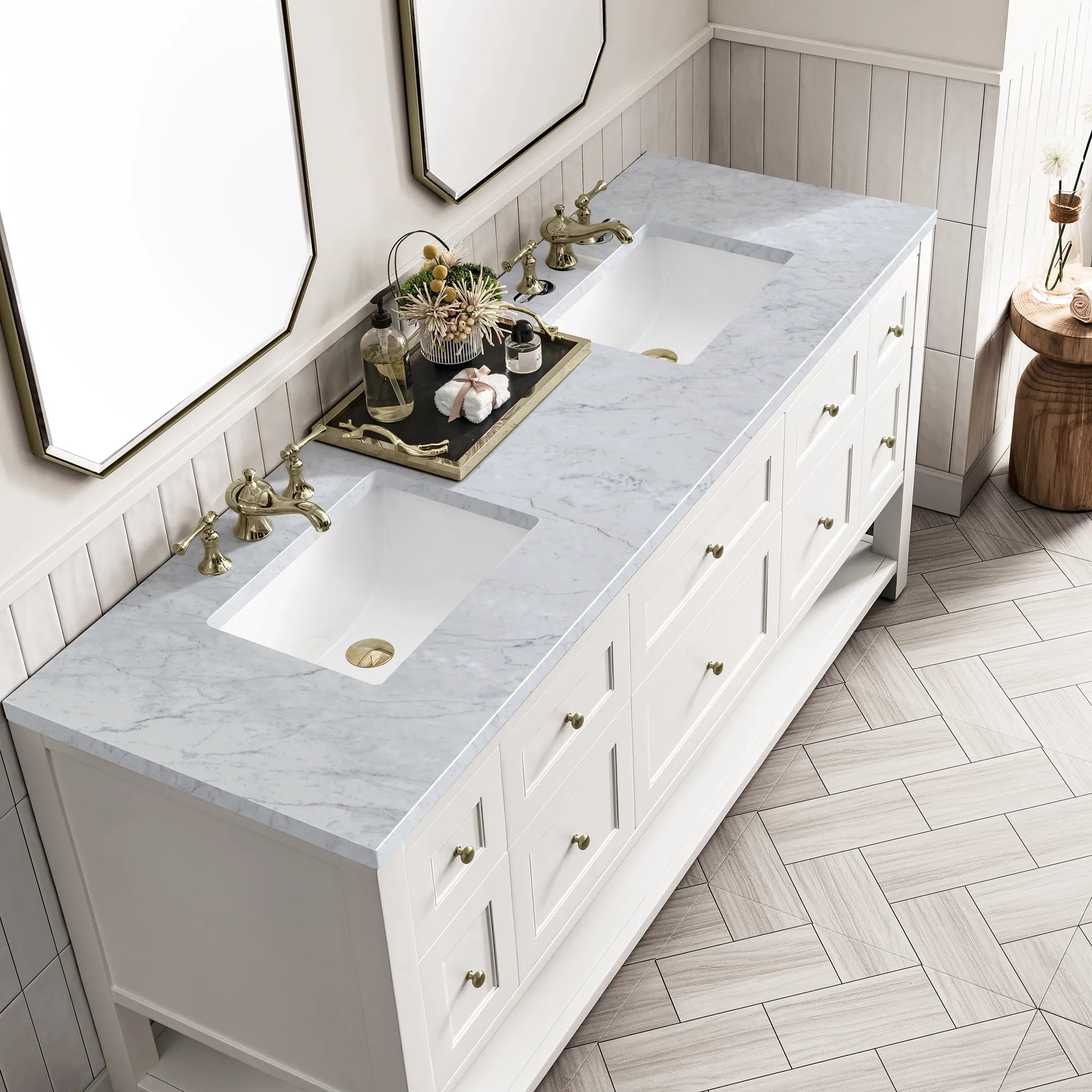 72" Breckenridge Double Vanity Base Only in Bright White-Carrara White Marble-8" Widespread image 4