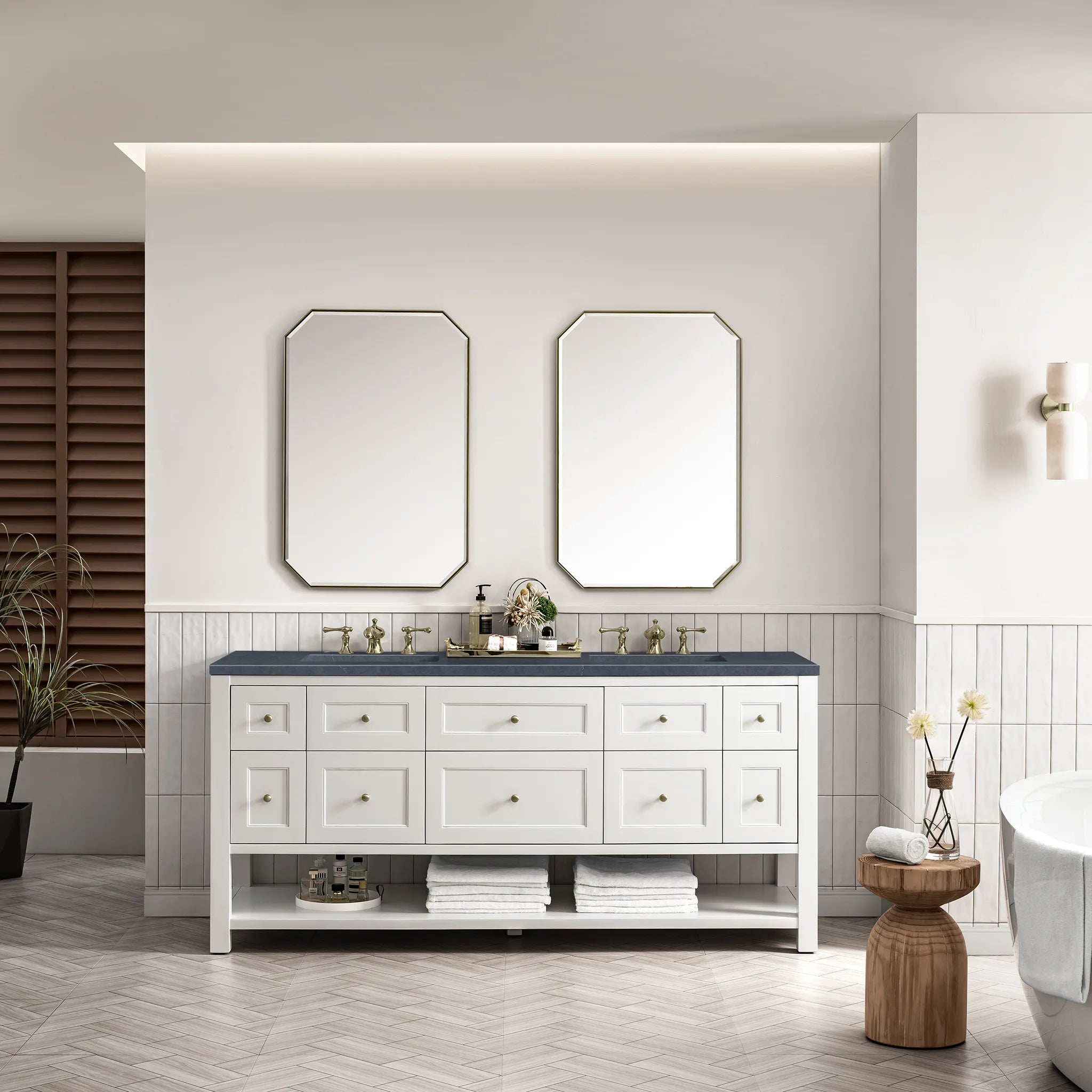 72" Breckenridge Double Vanity Base Only in Bright White-Charcoal Soapstone Silestone-8" Widespread image 1