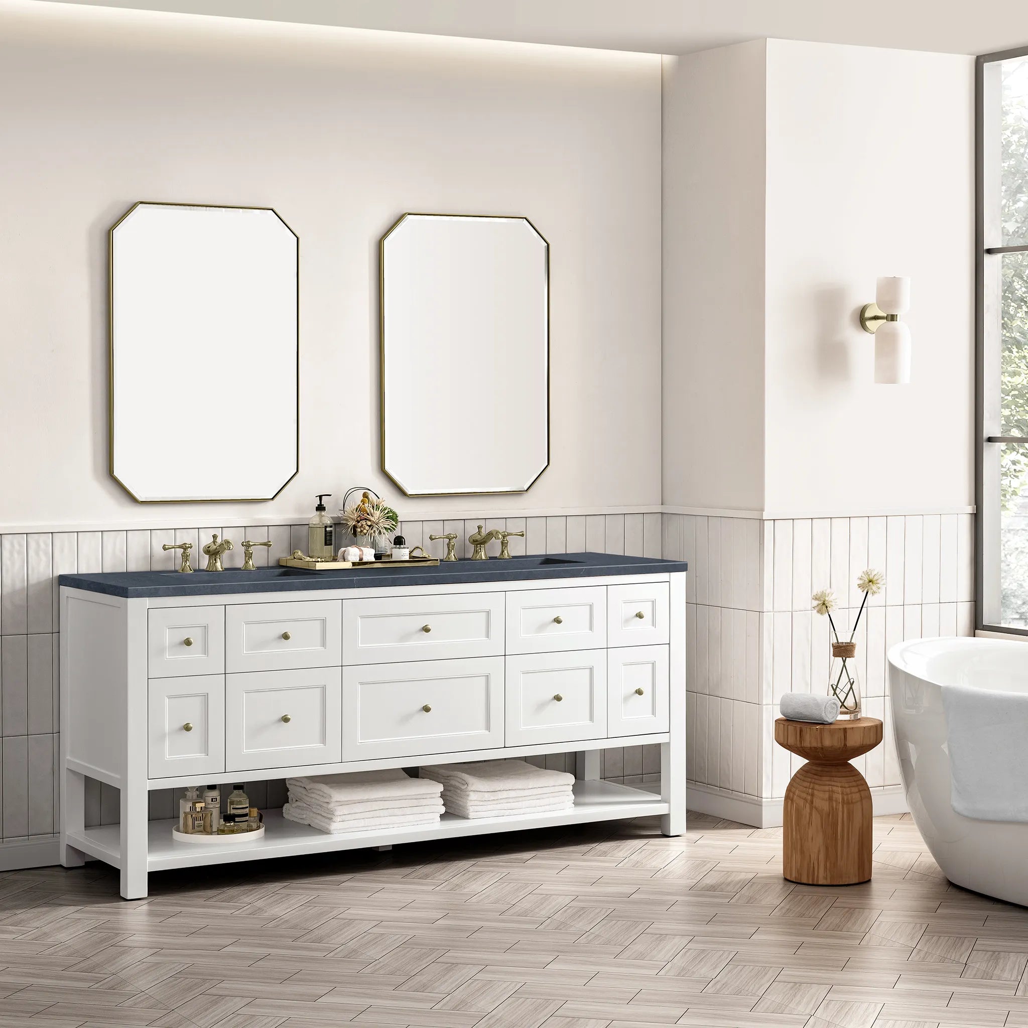 72" Breckenridge Double Vanity Base Only in Bright White-Charcoal Soapstone Silestone-8" Widespread image 2