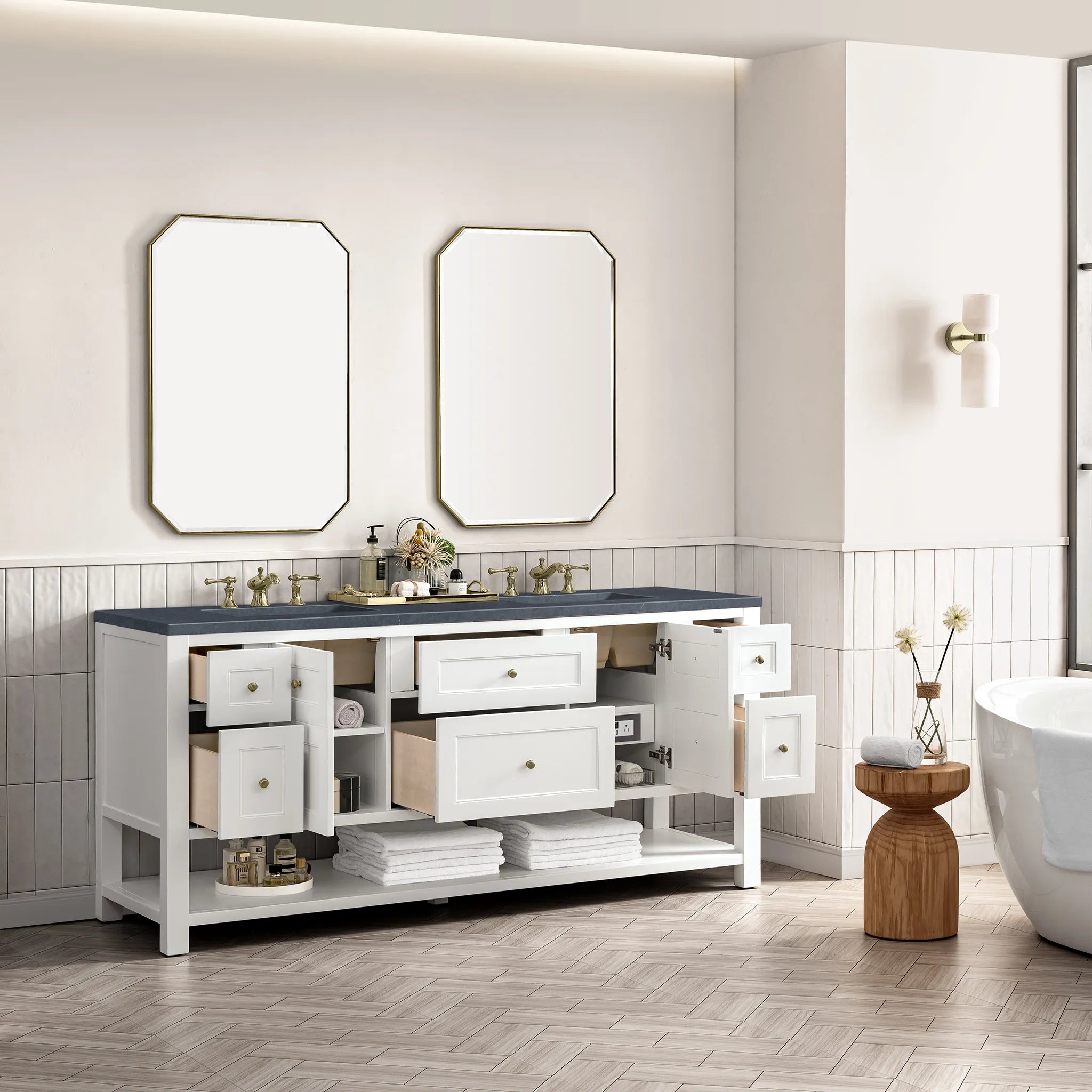 72" Breckenridge Double Vanity Base Only in Bright White-Charcoal Soapstone Silestone-8" Widespread image 3