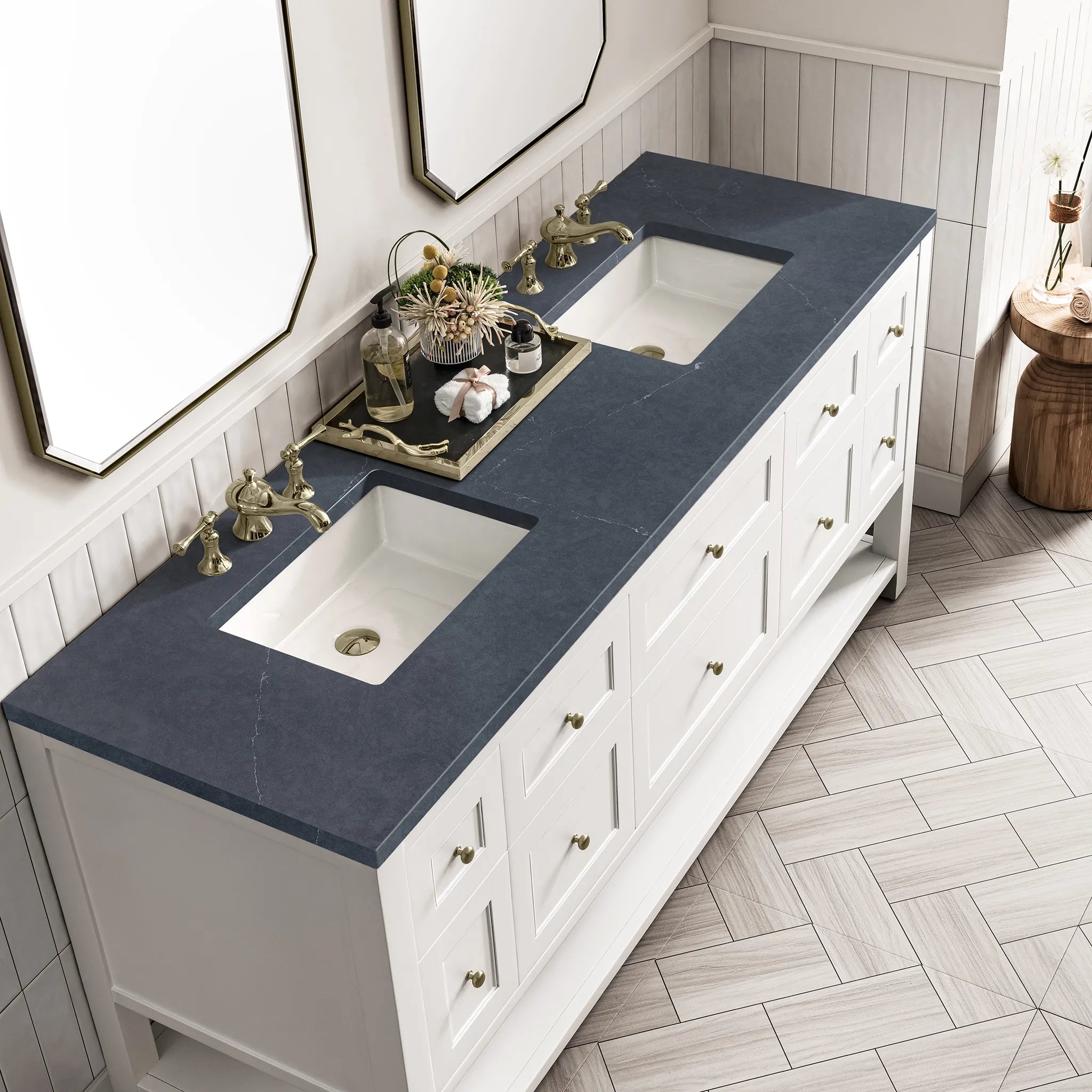 72" Breckenridge Double Vanity Base Only in Bright White-Charcoal Soapstone Silestone-8" Widespread image 4