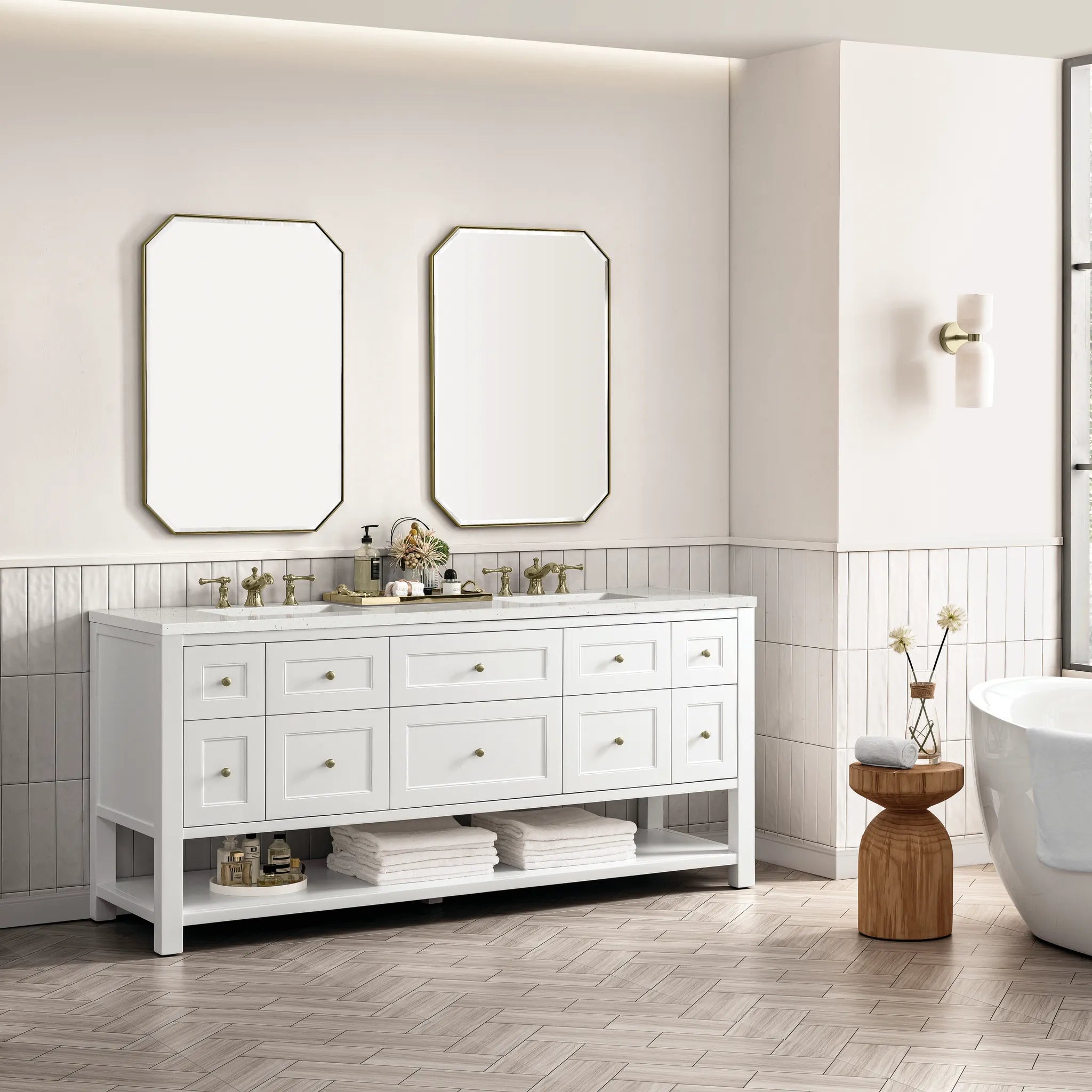 72" Breckenridge Double Vanity Base Only in Bright White-Lime Delight Silestone-8" Widespread image 2
