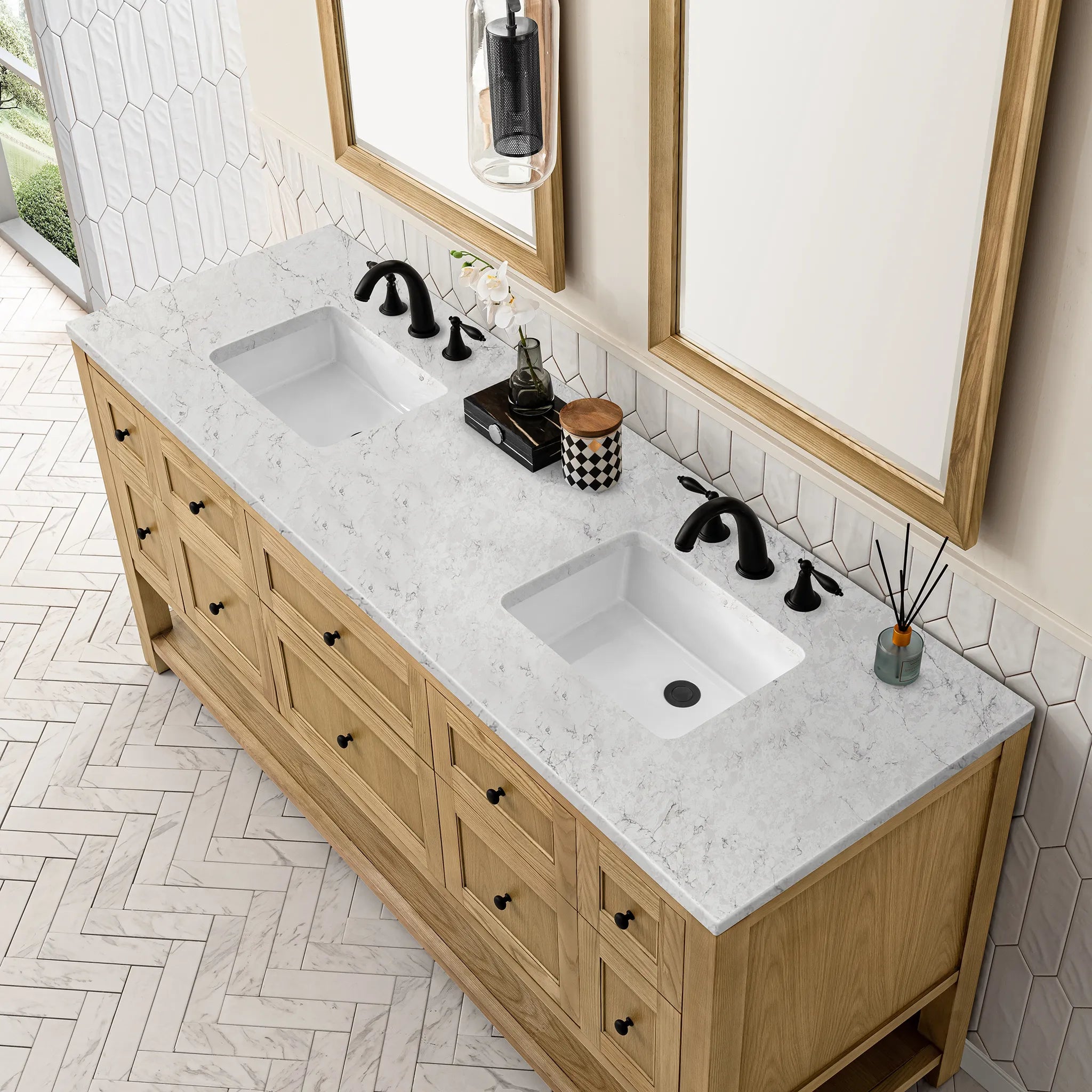 72" Breckenridge Double Vanity Base Only in Light Natural Oak Wireless Charger-Eternal Jasmine Pearl Silestone-8" Widespread image 11