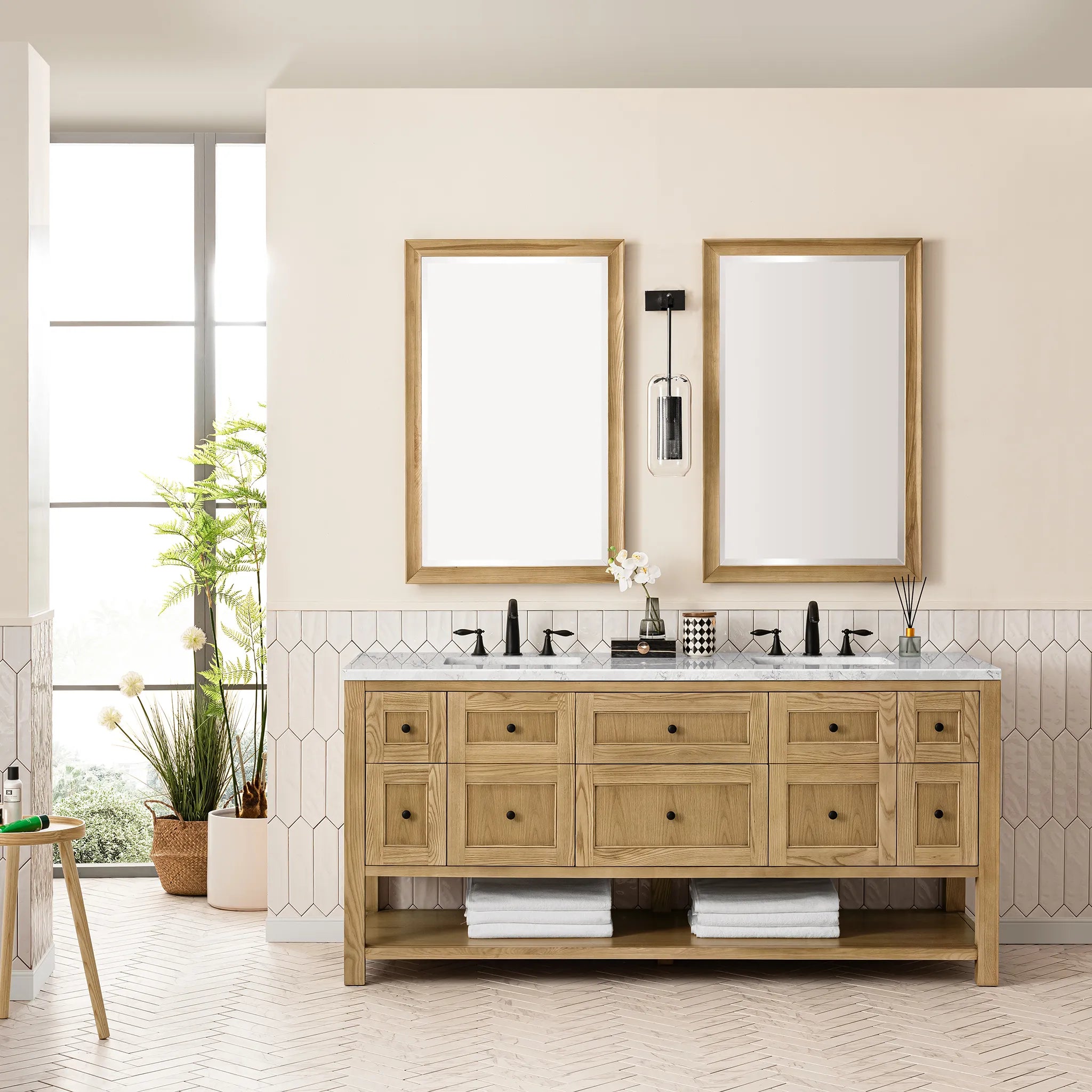 72" Breckenridge Double Vanity Base Only in Light Natural Oak Wireless Charger-Eternal Jasmine Pearl Silestone-8" Widespread image 6