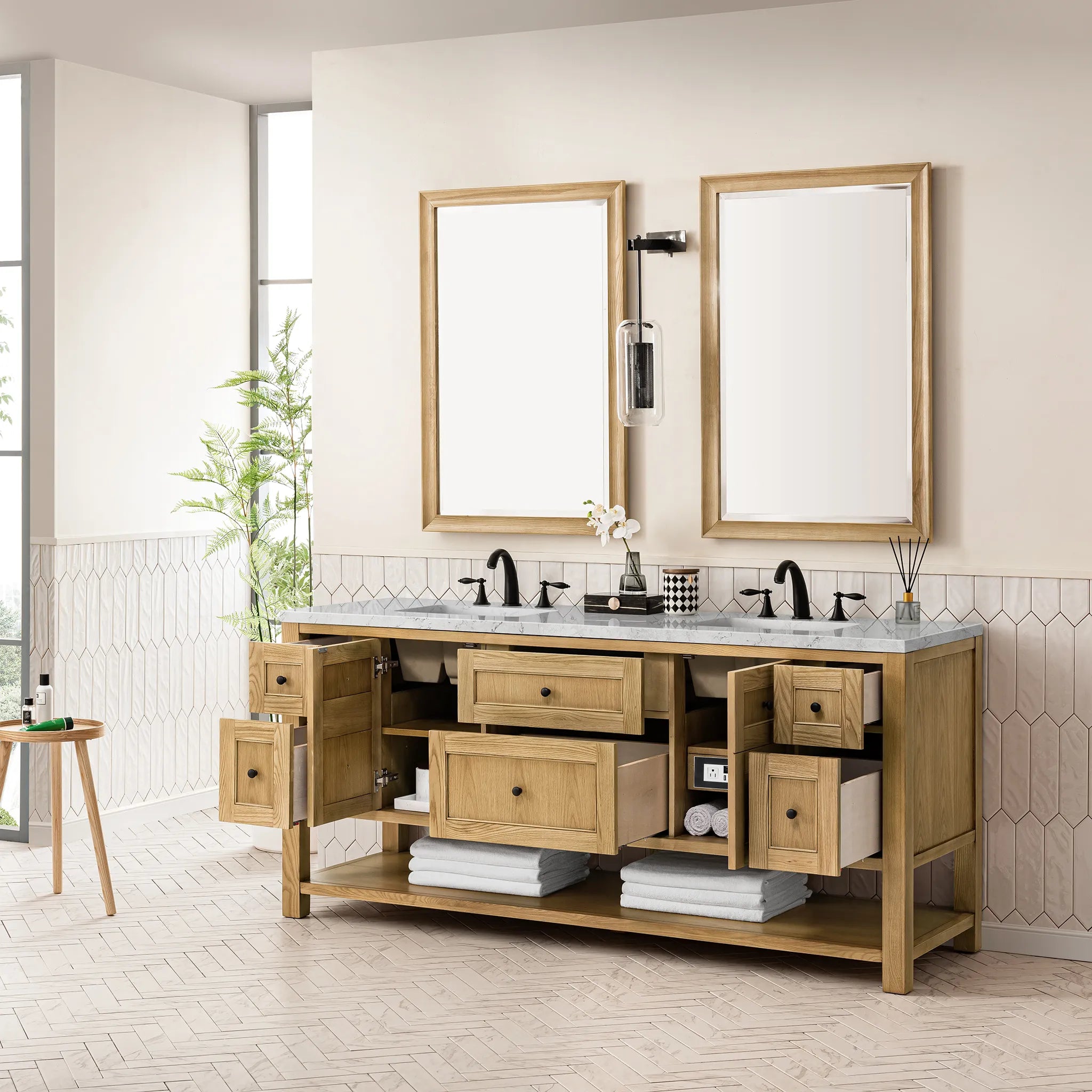 72" Breckenridge Double Vanity Base Only in Light Natural Oak Wireless Charger-Eternal Jasmine Pearl Silestone-8" Widespread image 9