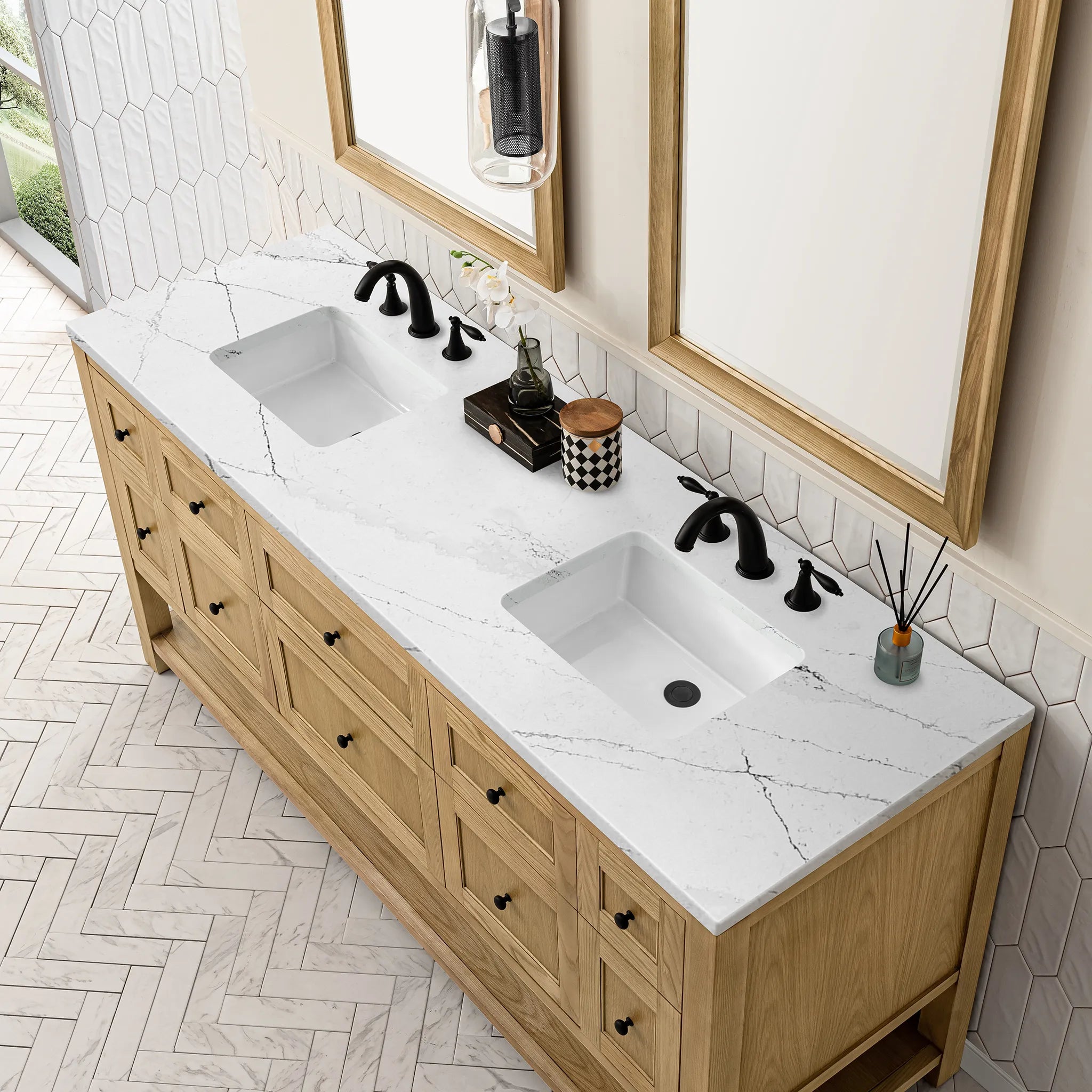 72" Breckenridge Double Vanity Base Only in Light Natural Oak Wireless Charger-Ethereal Noctis Silestone-8" Widespread image 10