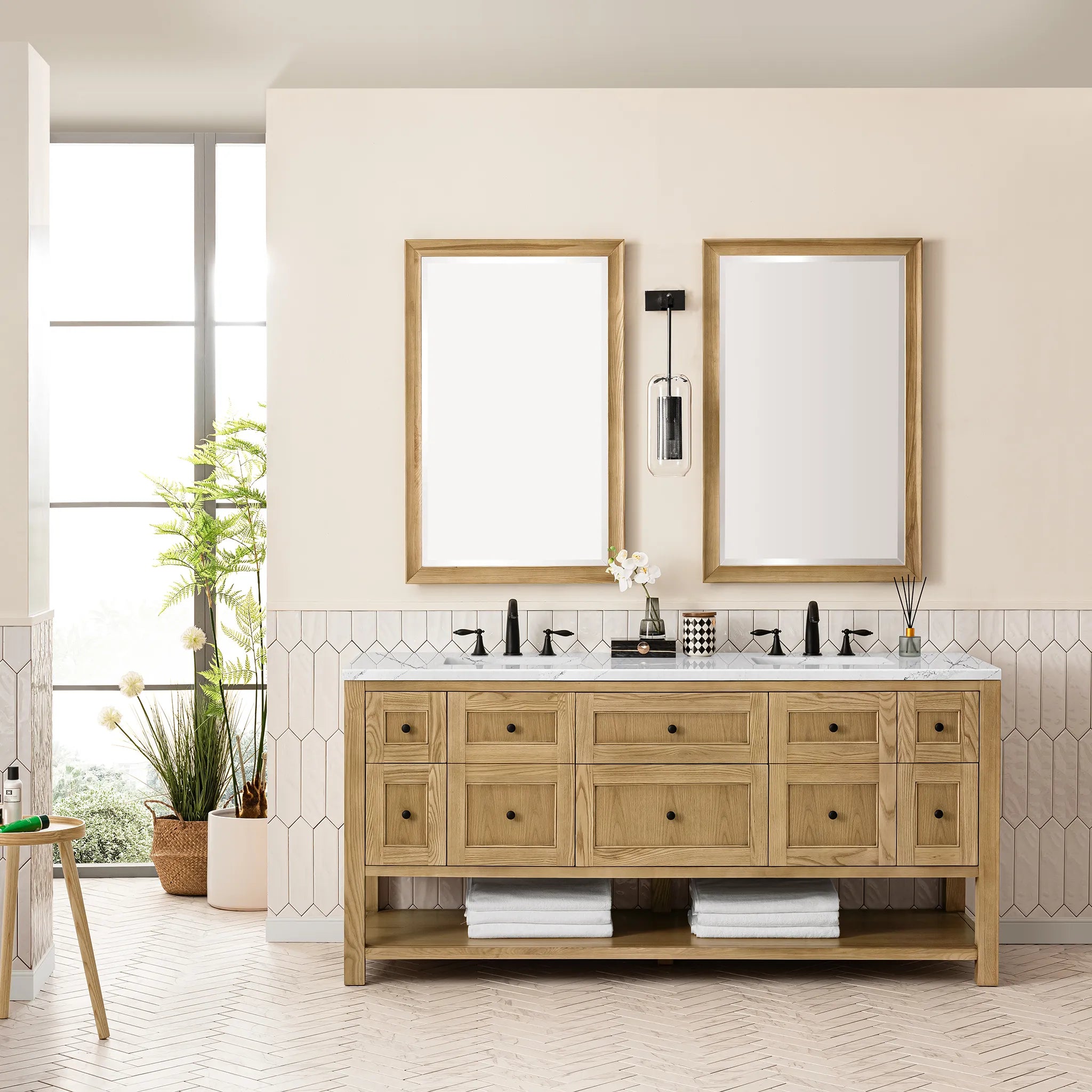 72" Breckenridge Double Vanity Base Only in Light Natural Oak Wireless Charger-Ethereal Noctis Silestone-8" Widespread image 5