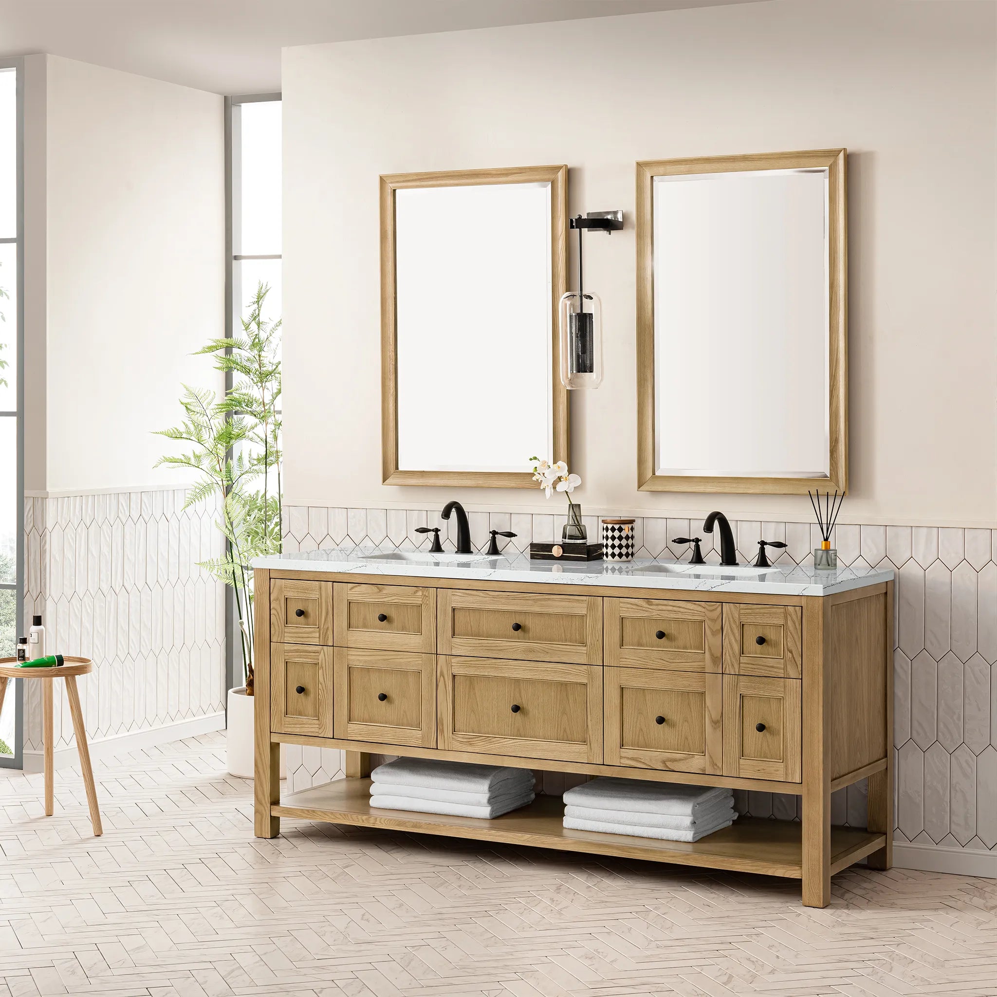 72" Breckenridge Double Vanity Base Only in Light Natural Oak Wireless Charger-Ethereal Noctis Silestone-8" Widespread image 7