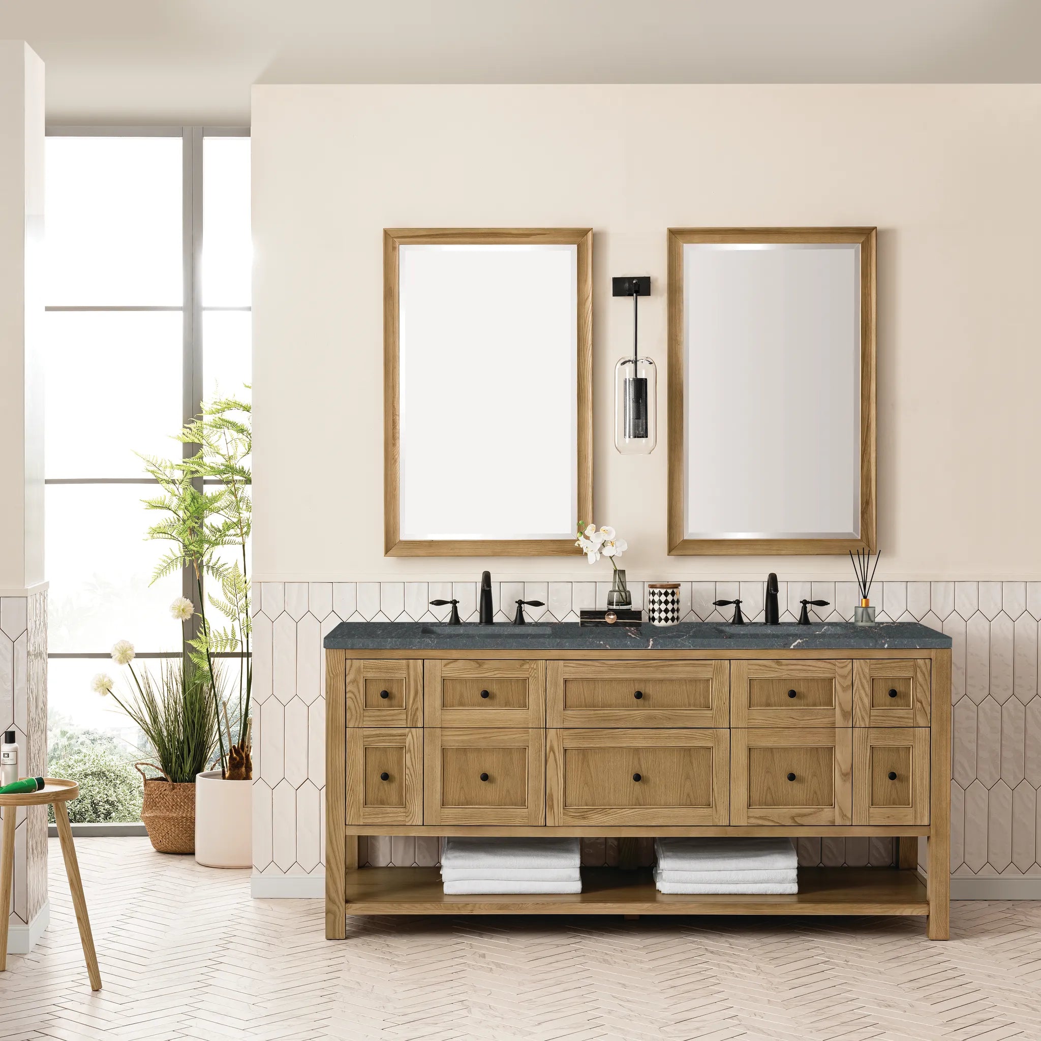 72" Breckenridge Double Vanity Base Only in Light Natural Oak Wireless Charger-Parisien Bleu Silestone-8" Widespread image 4