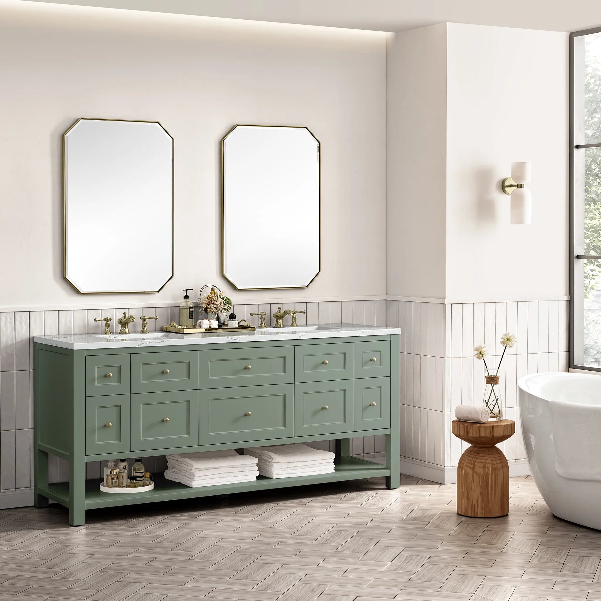 72" Breckenridge Double Vanity Base Only in Smokey Celadon Wireless Charger-Ethereal Noctis Silestone-8" Widespread image 6