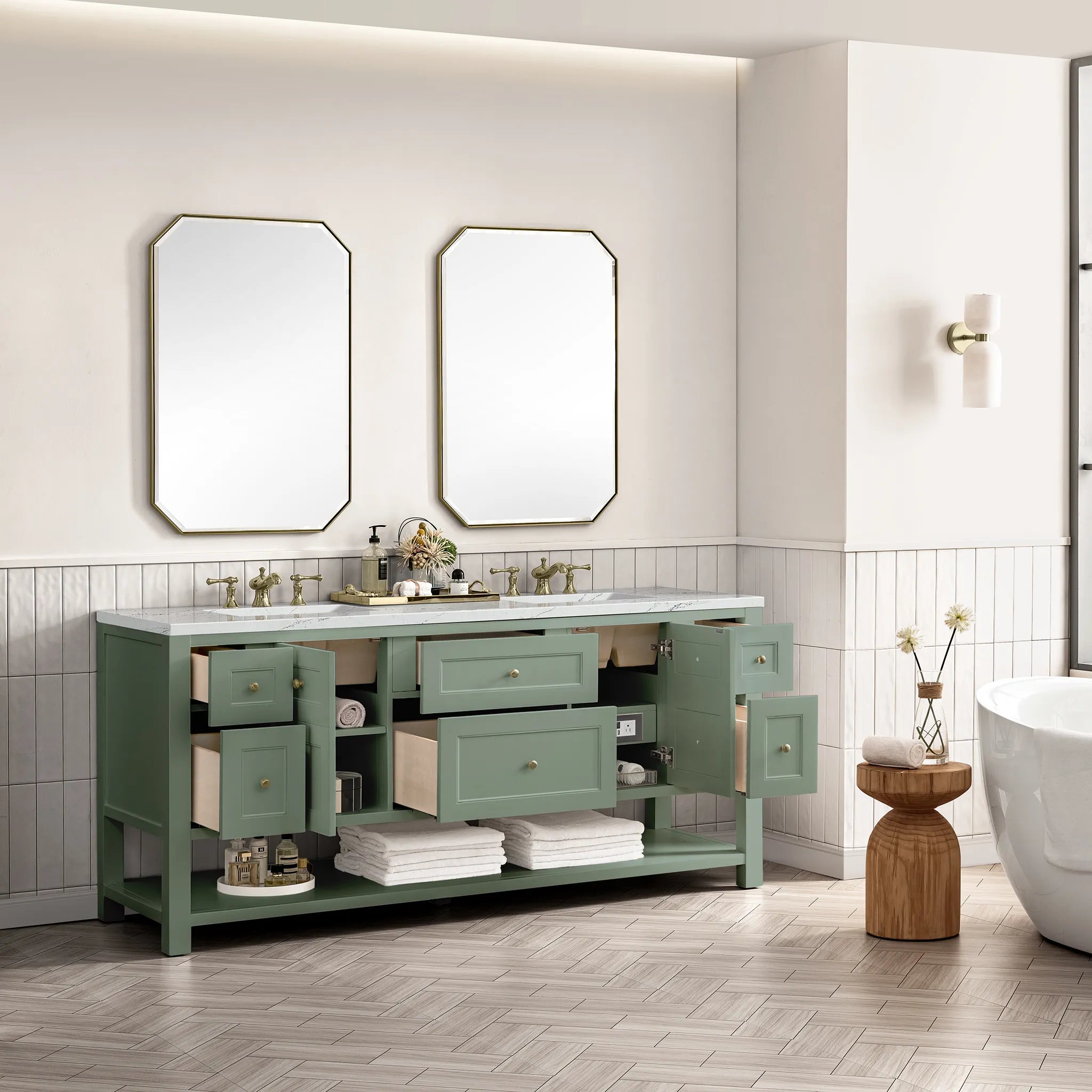 72" Breckenridge Double Vanity Base Only in Smokey Celadon Wireless Charger-Ethereal Noctis Silestone-8" Widespread image 8