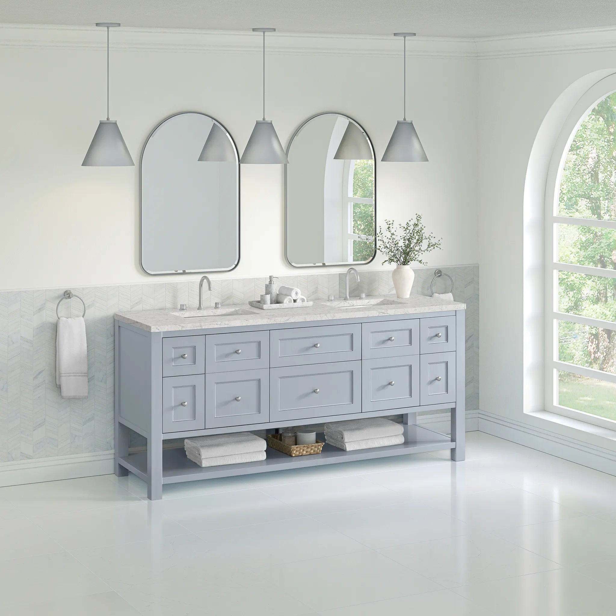 72" Breckenridge Double Vanity in Serenity Blue Wireless Charger-Eternal Jasmine Pearl Silestone-8" Widespread image 6