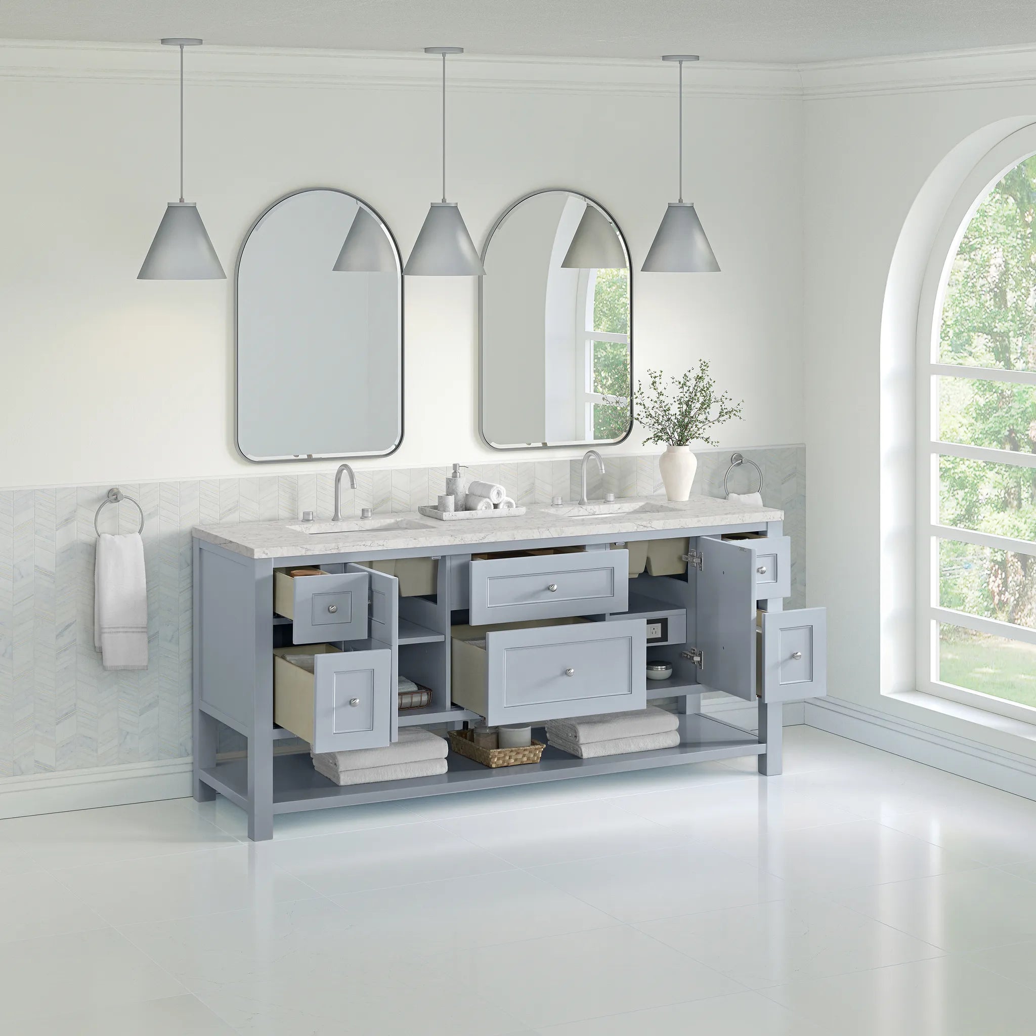 72" Breckenridge Double Vanity in Serenity Blue Wireless Charger-Eternal Jasmine Pearl Silestone-8" Widespread image 7