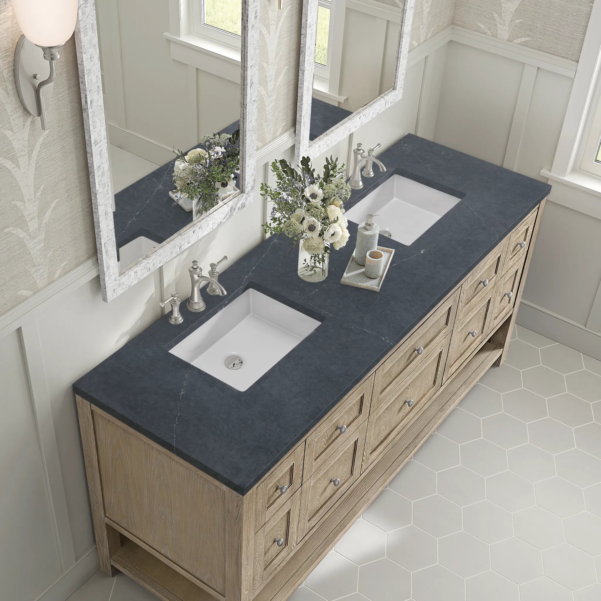 72" Breckenridge Double Vanity in Whitewashed Oak-Charcoal Soapstone Silestone-8" Widespread image 6