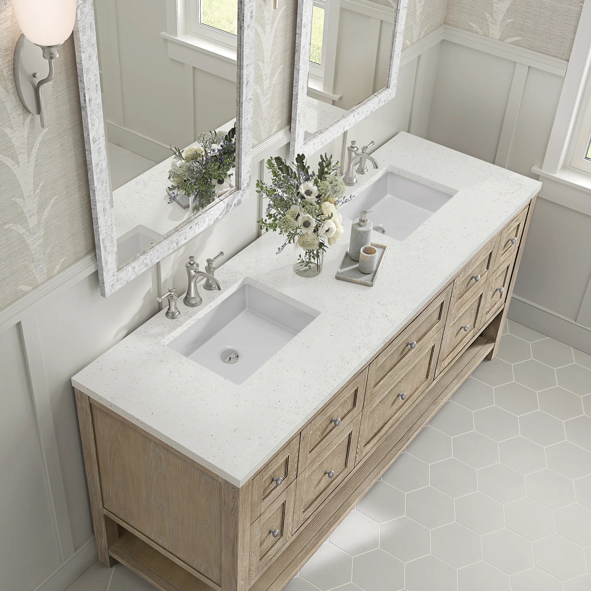 72" Breckenridge Double Vanity in Whitewashed Oak-Lime Delight Silestone-8" Widespread image 6