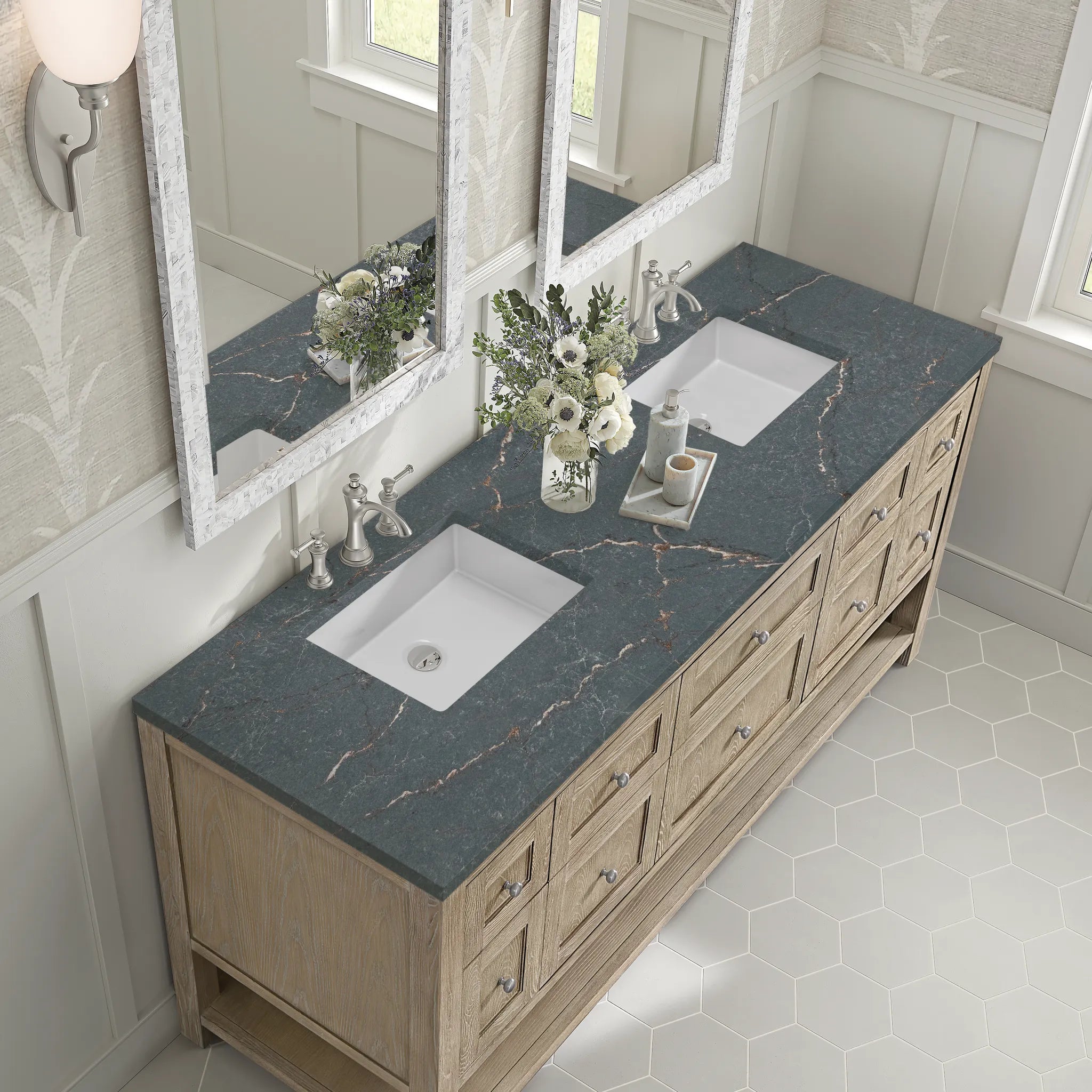 72" Breckenridge Double Vanity in Whitewashed Oak-Parisien Bleu Silestone-8" Widespread image 6