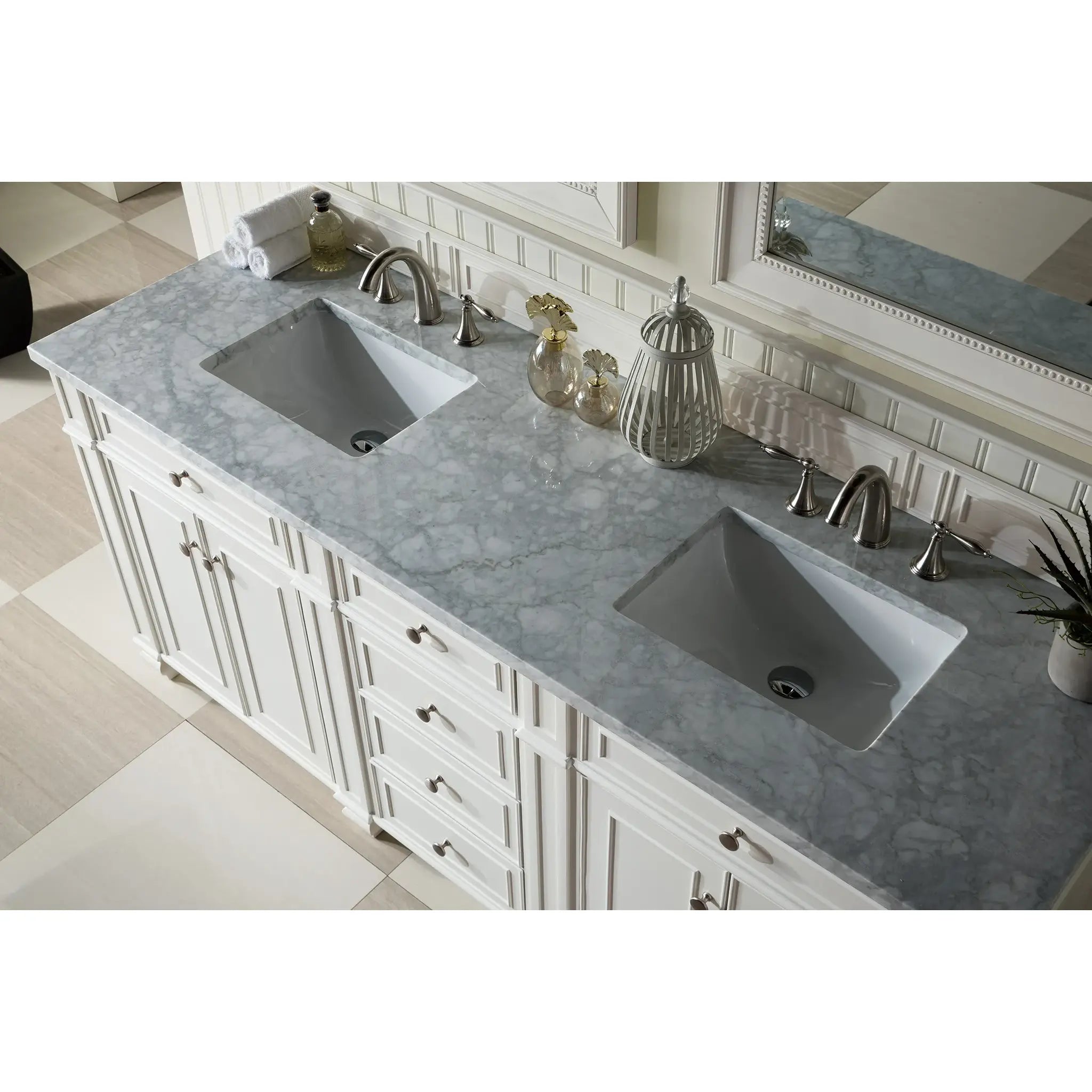72" Bristol Double Vanity in Bright White-Carrara White Marble-8" Widespread image 5