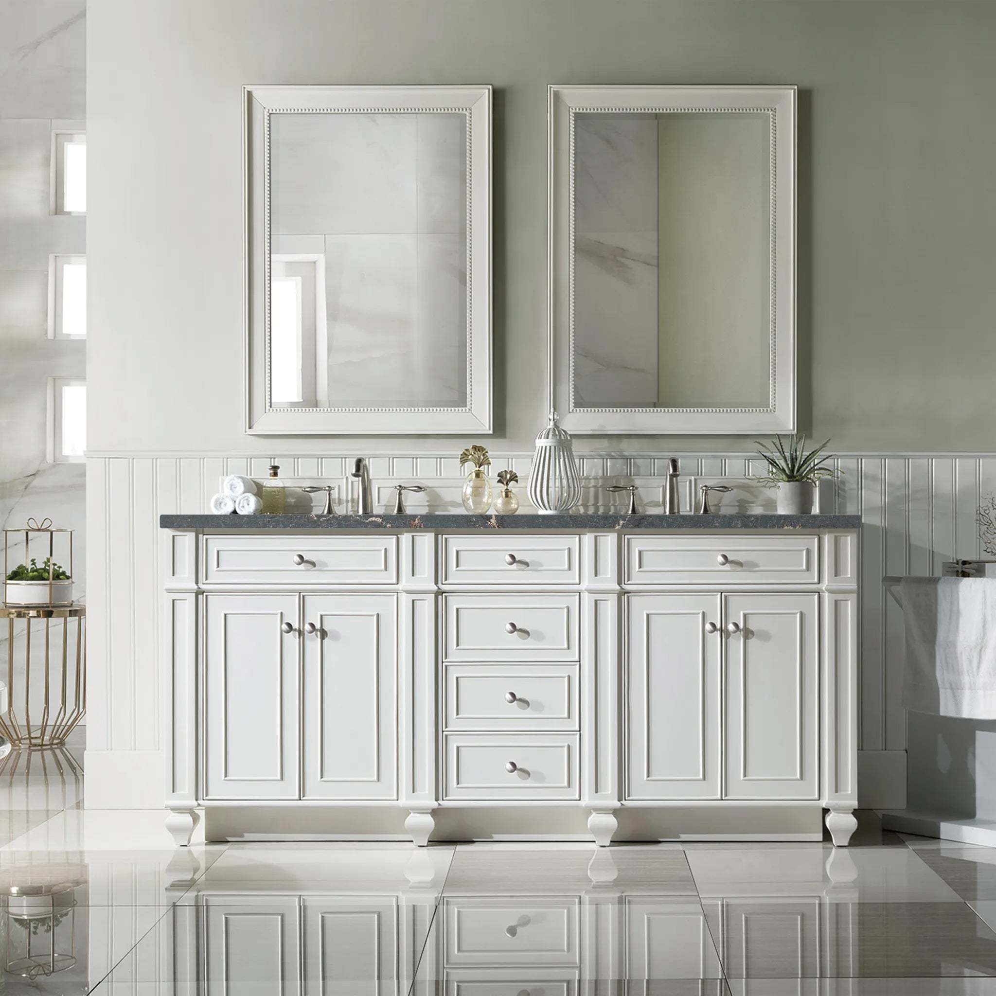 72" Bristol Double Vanity in Bright White w/FreePower Wireless Charger-Parisien Bleu Silestone-8" Widespread image 4