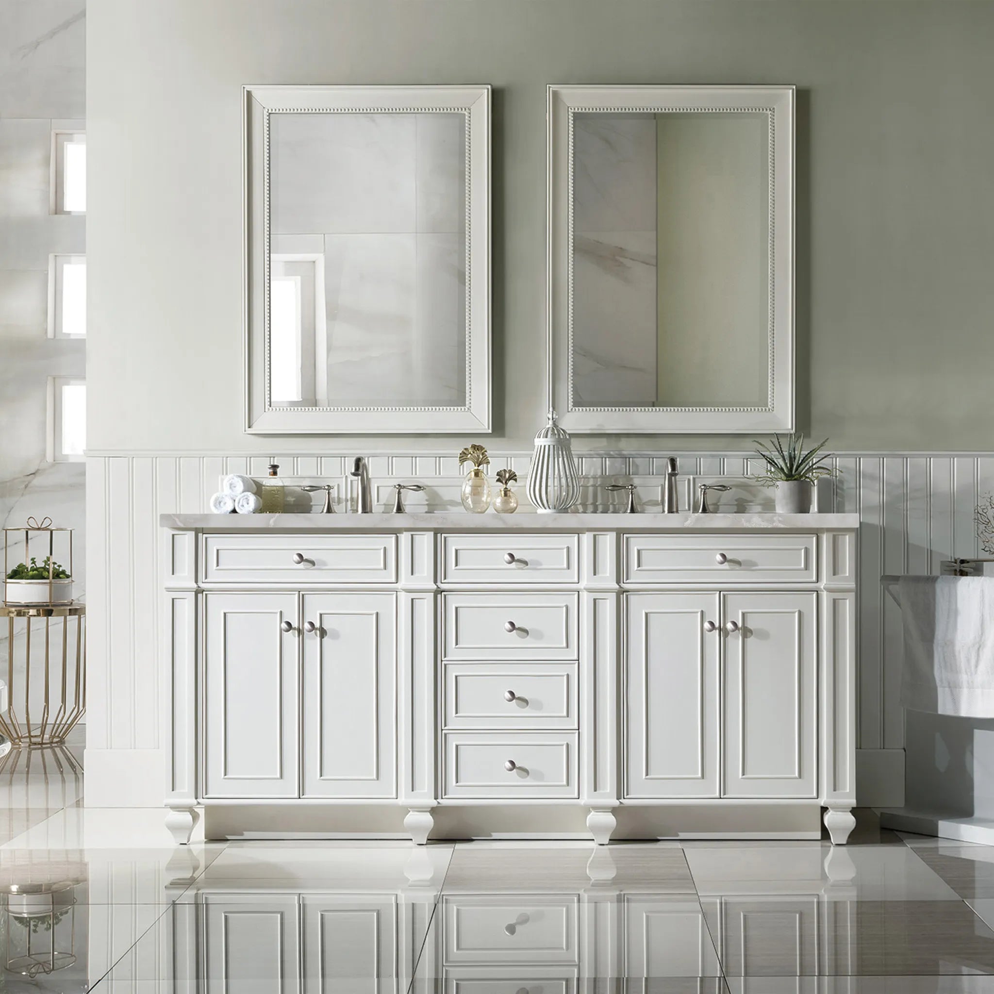 72" Bristol Double Vanity in Bright White w/FreePower Wireless Charger-Victorian Silver Silestone-8" Widespread image 4
