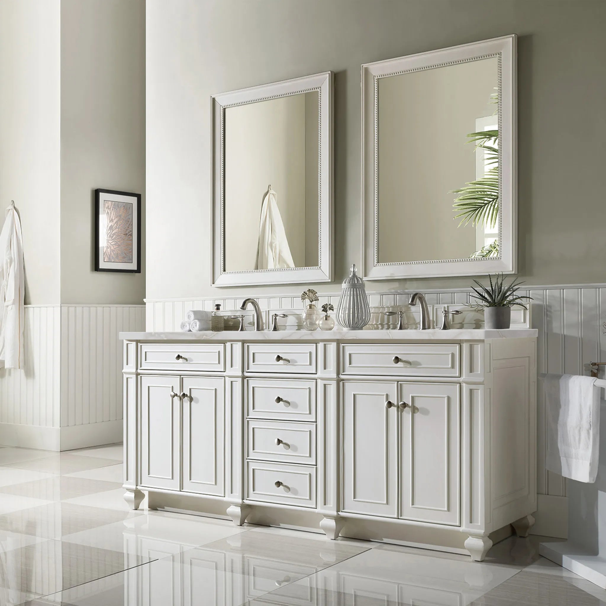 72" Bristol Double Vanity in Bright White w/FreePower Wireless Charger-Victorian Silver Silestone-8" Widespread image 5