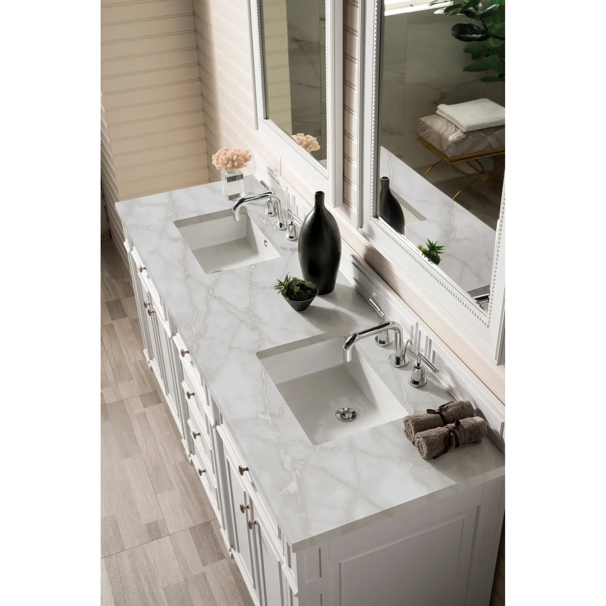 72" Bristol Double Vanity in Bright White w/FreePower Wireless Charger-Victorian Silver Silestone-8" Widespread image 8