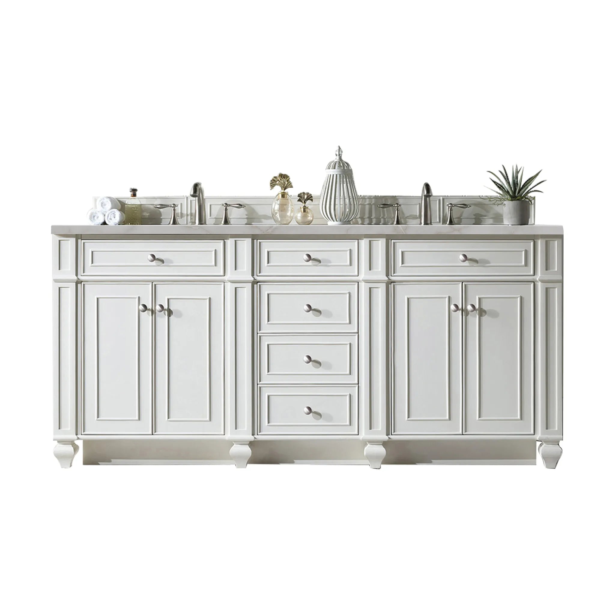 72" Bristol Double Vanity in Bright White w/FreePower Wireless Charger-Victorian Silver Silestone-8" Widespread image