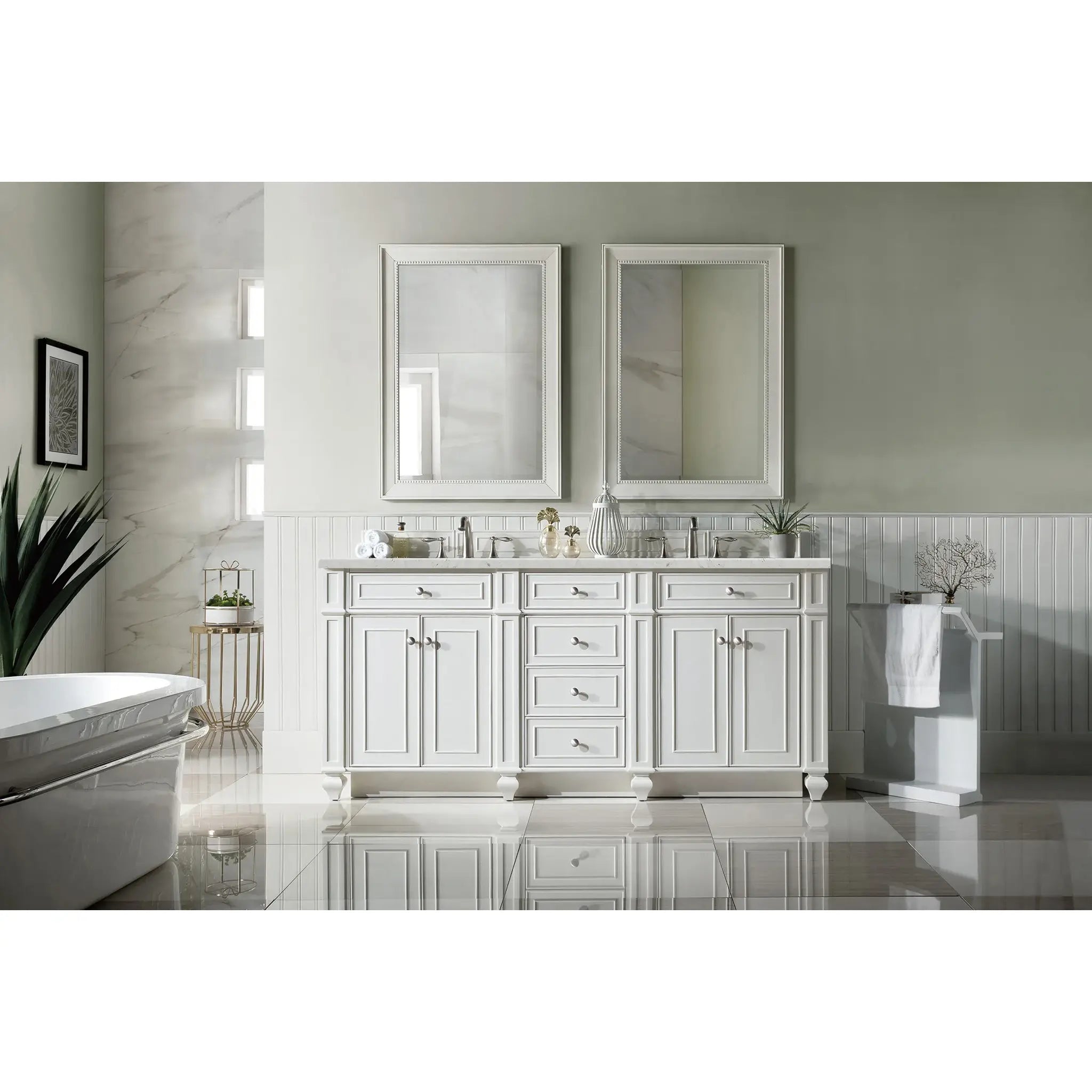 72" Bristol Double Vanity in Bright White Wireless Charger-Eternal Jasmine Pearl Silestone-8" Widespread image 4