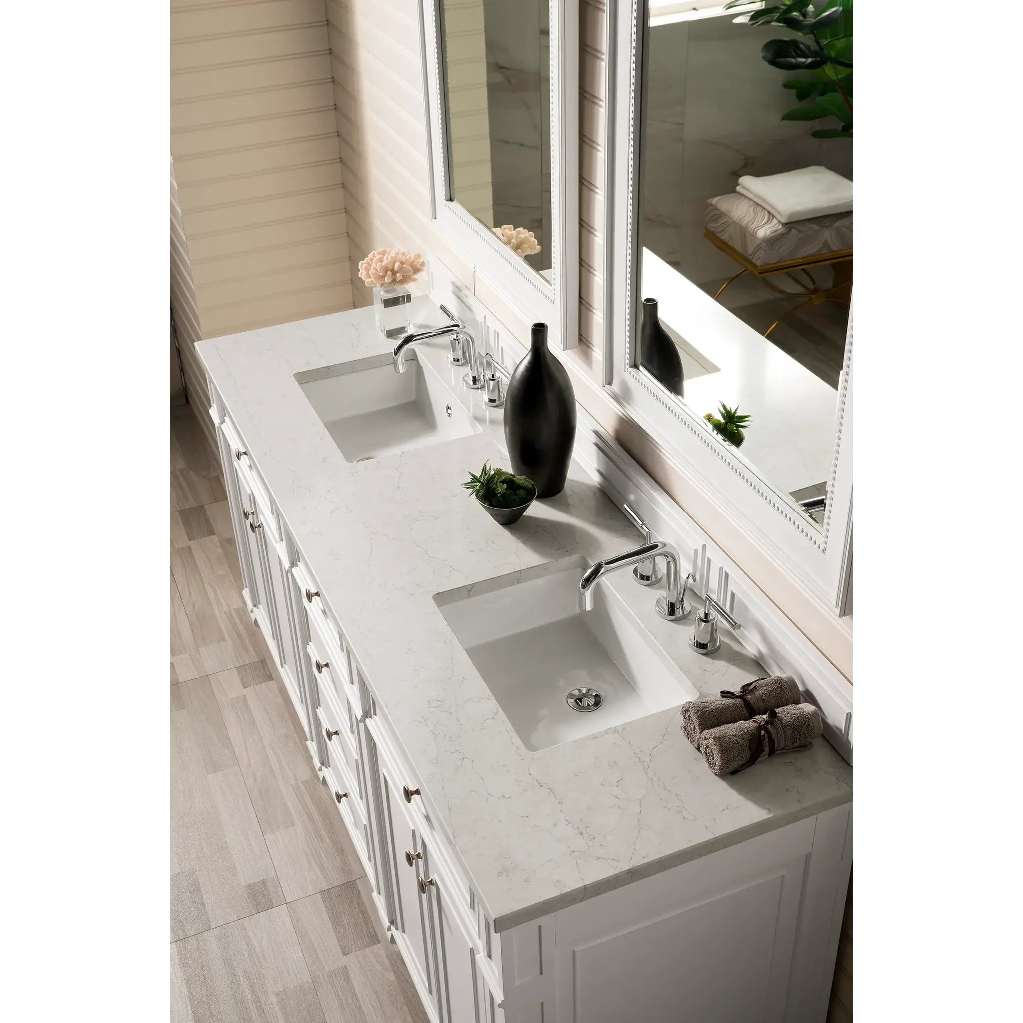 72" Bristol Double Vanity in Bright White Wireless Charger-Eternal Jasmine Pearl Silestone-8" Widespread image 5