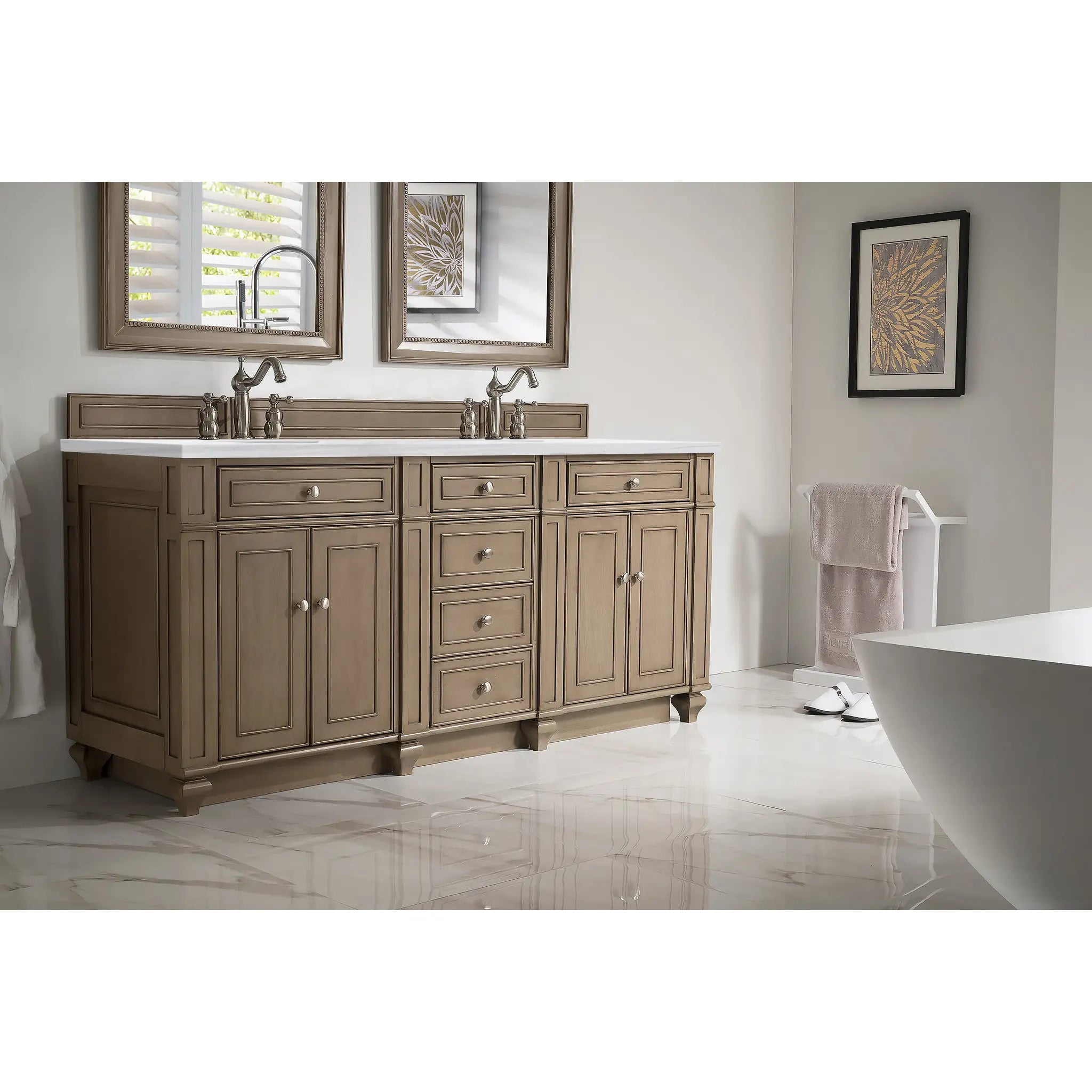 72" Bristol Double Vanity in Whitewashed Walnut-Carrara White Marble-8" Widespread image 1