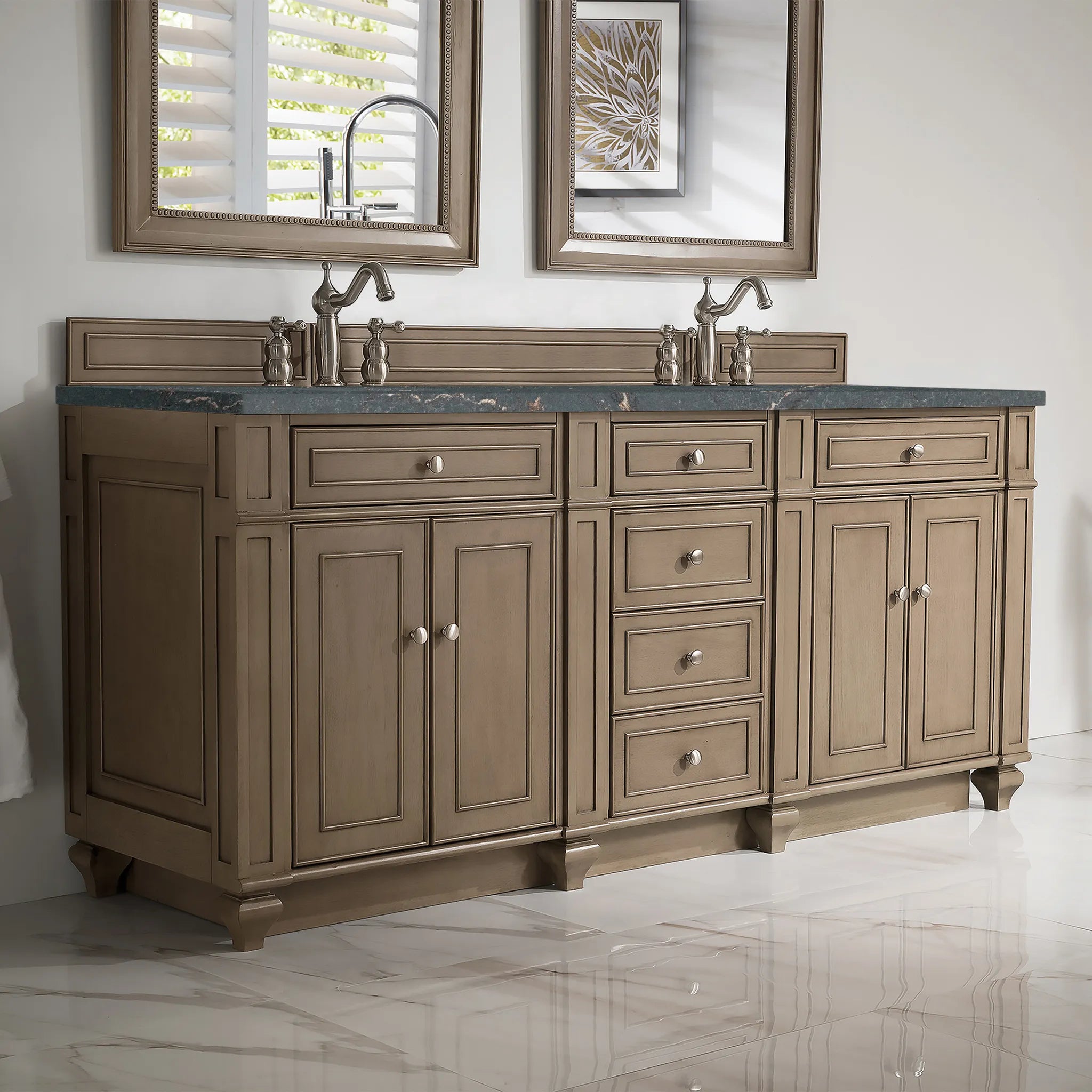 72" Bristol Double Vanity in Whitewashed Walnut w/FreePower Wireless Charger-Parisien Bleu Silestone-8" Widespread image 4