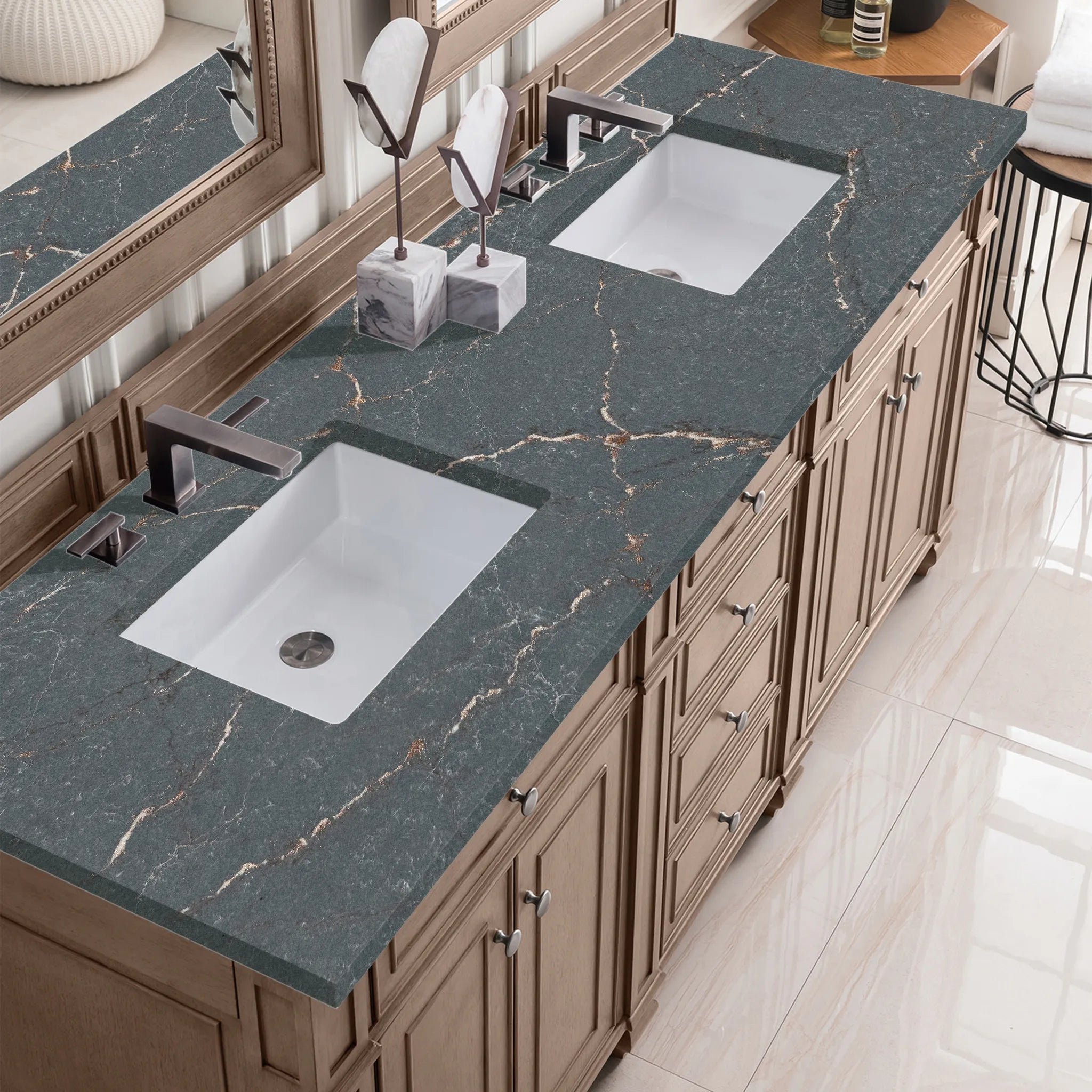 72" Bristol Double Vanity in Whitewashed Walnut w/FreePower Wireless Charger-Parisien Bleu Silestone-8" Widespread image 7