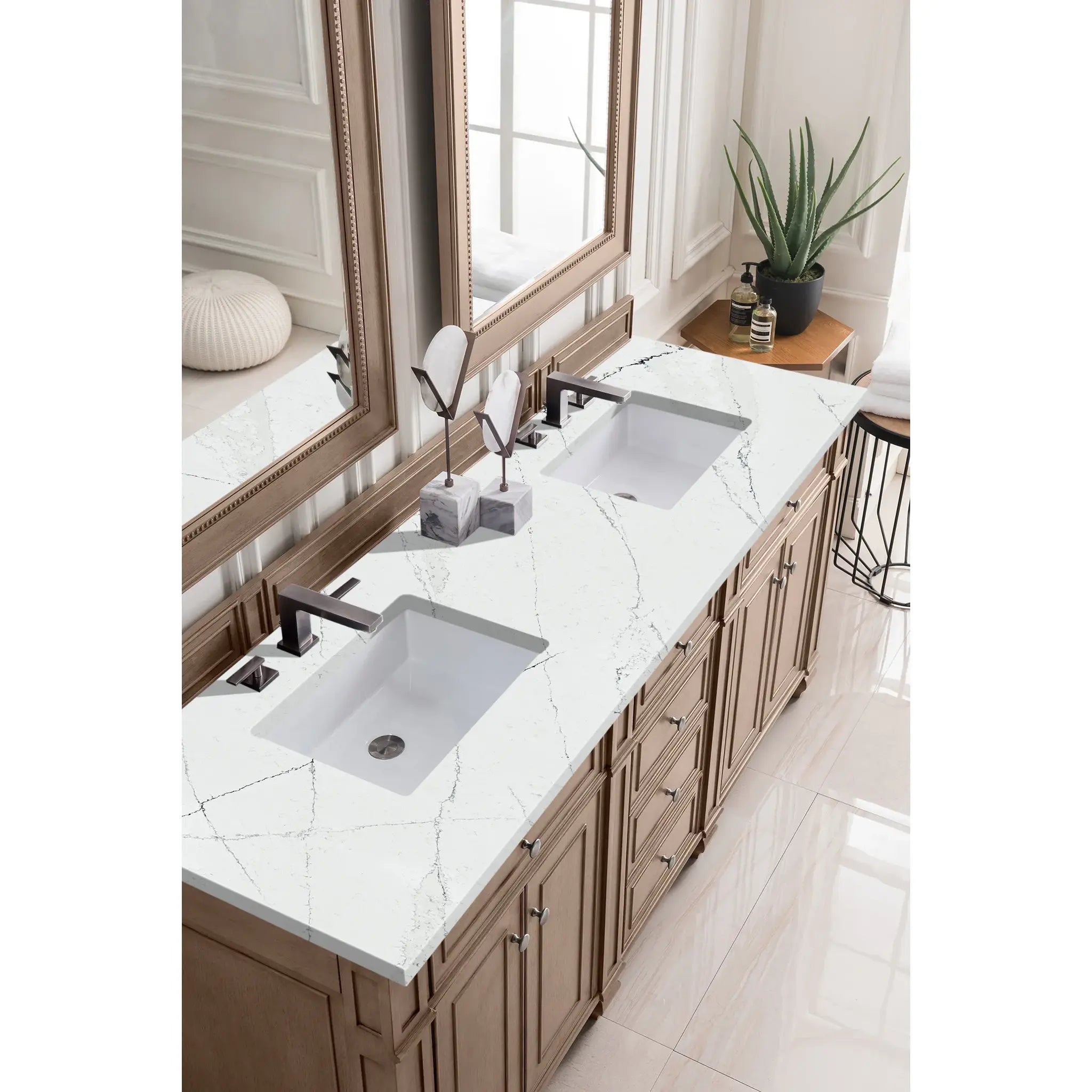 72" Bristol Double Vanity in Whitewashed Walnut Wireless Charger-Ethereal Noctis Silestone-8" Widespread image 4