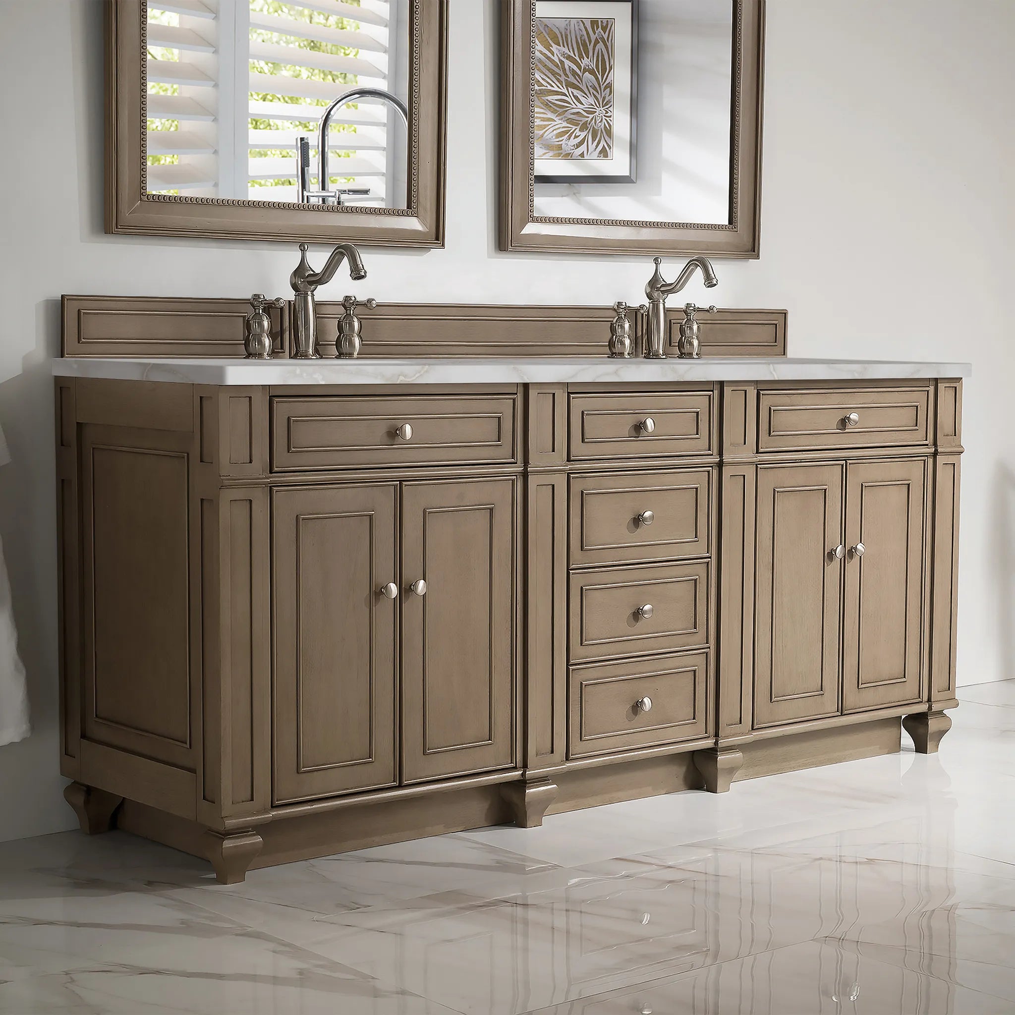 72" Bristol Double Vanity in Whitewashed Walnut Wireless Charger-Victorian Silver Silestone-8" Widespread image 4