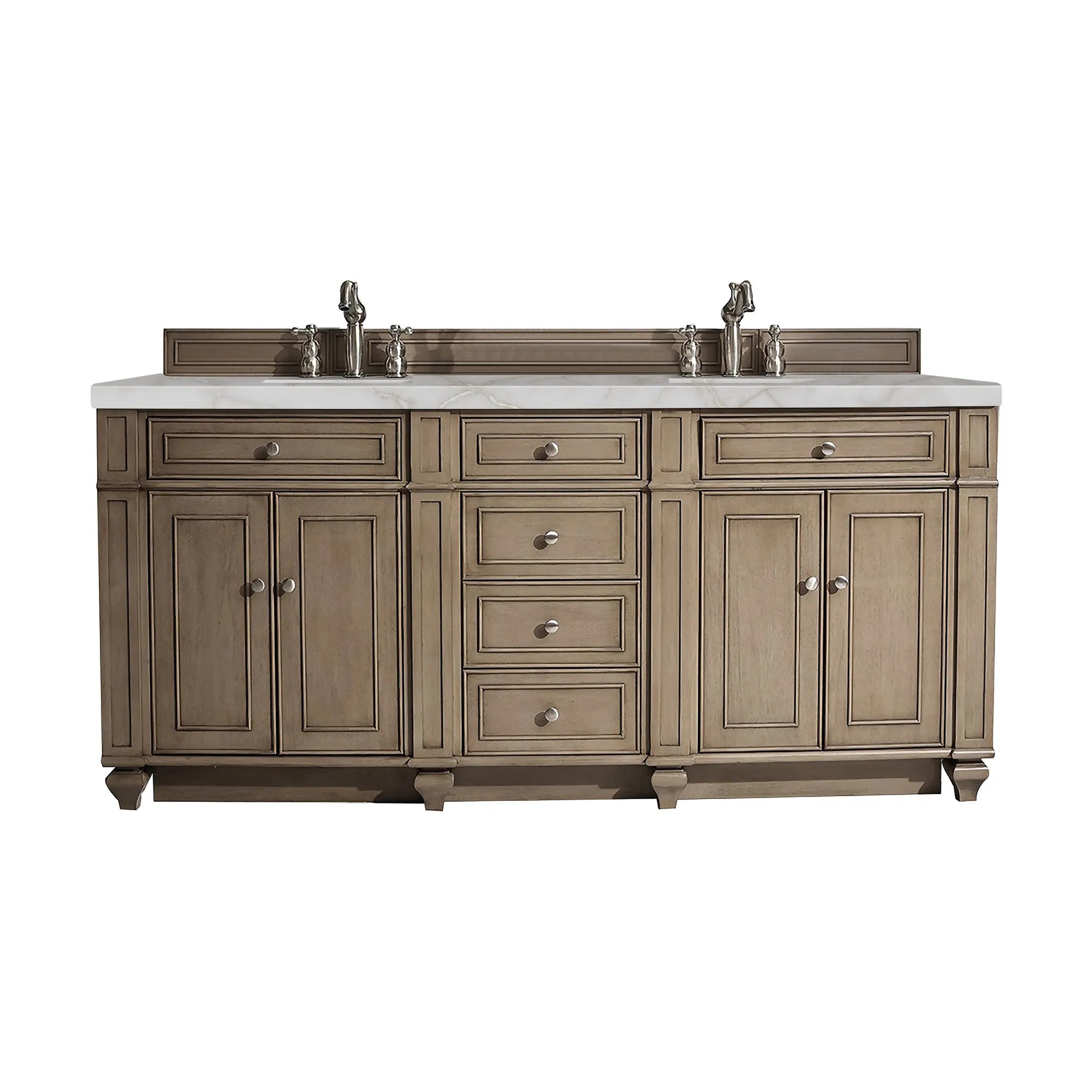 72" Bristol Double Vanity in Whitewashed Walnut Wireless Charger-Victorian Silver Silestone-8" Widespread image