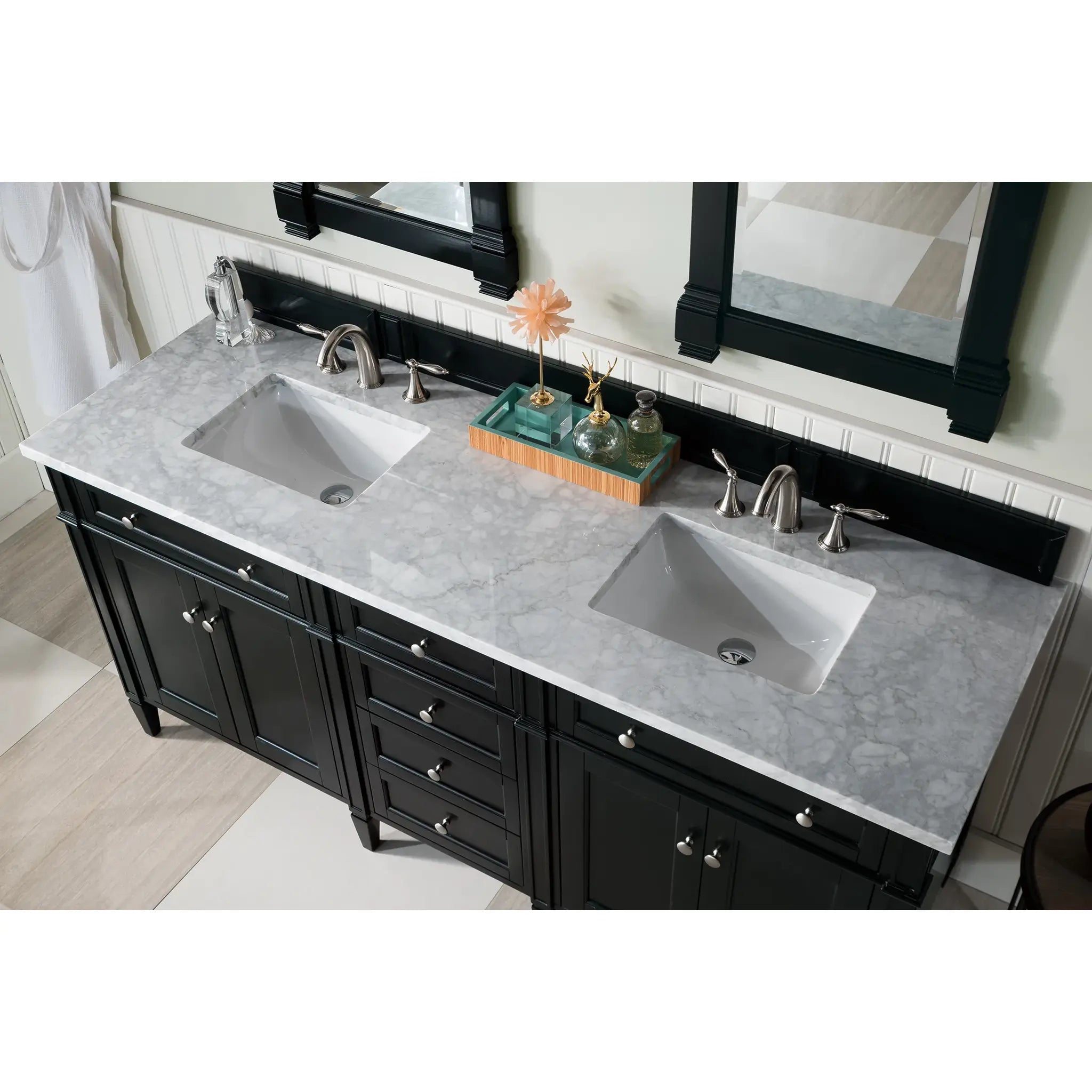 72" Brittany Double Vanity in Black Onyx-Carrara White Marble-8" Widespread image 4