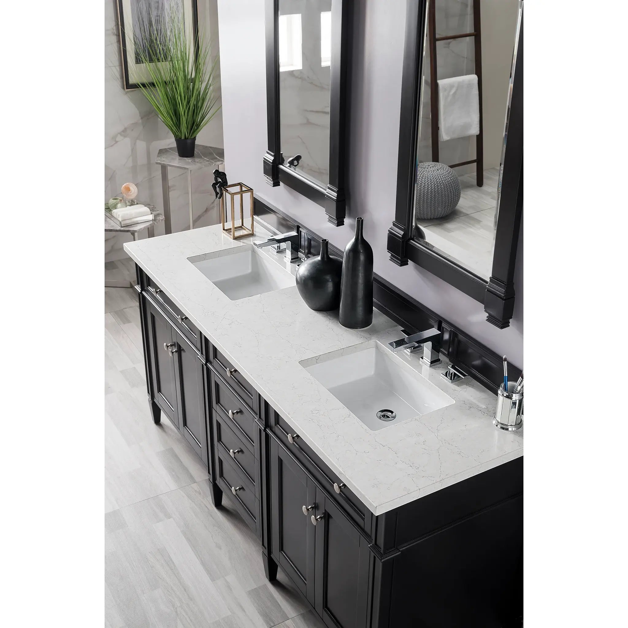 72" Brittany Double Vanity in Black Onyx-Eternal Jasmine Pearl Silestone-8" Widespread image 2