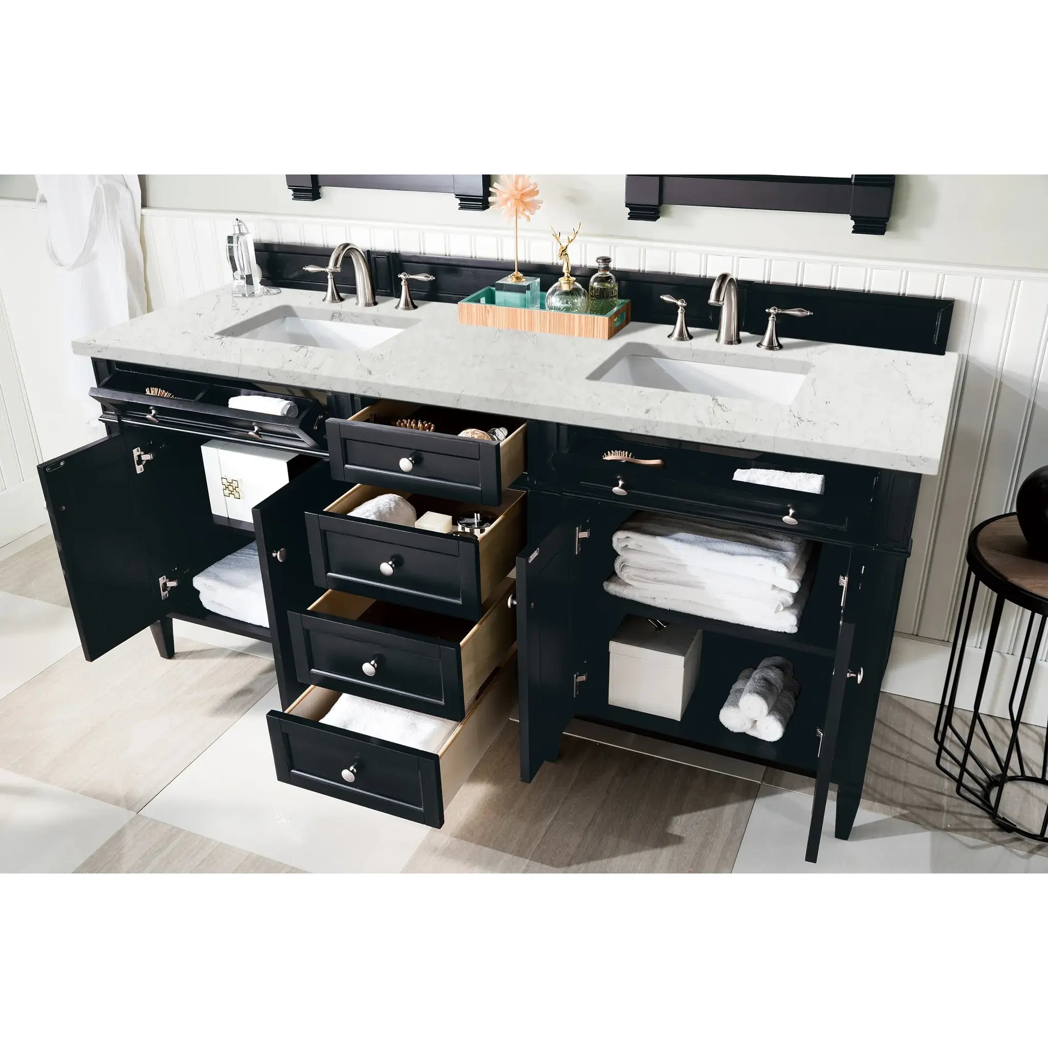72" Brittany Double Vanity in Black Onyx-Eternal Jasmine Pearl Silestone-8" Widespread image 3