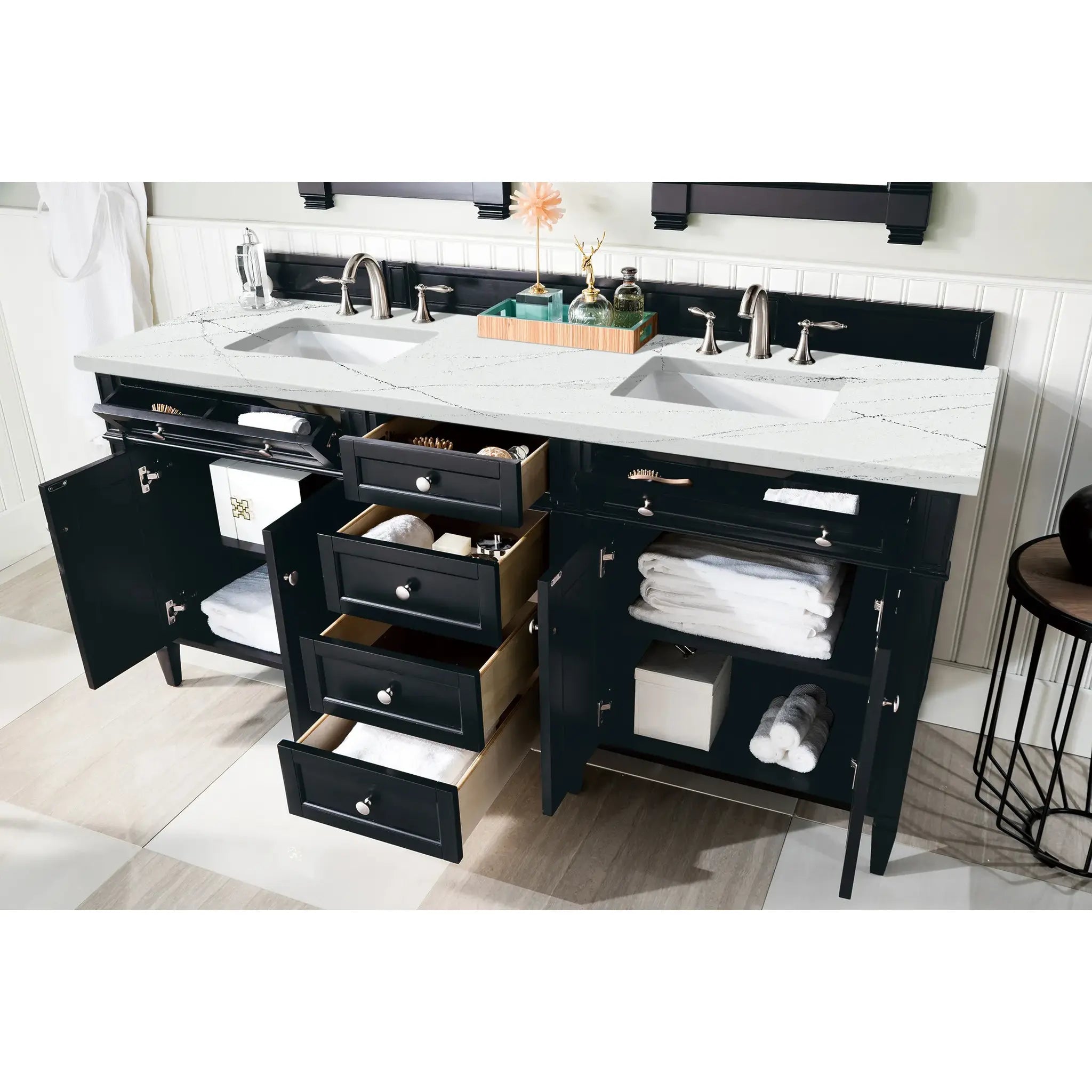 72" Brittany Double Vanity in Black Onyx-Ethereal Noctis Silestone-8" Widespread image 3