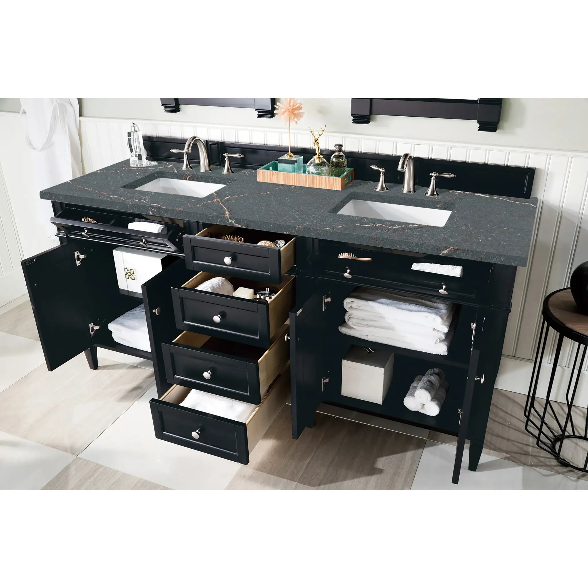 72" Brittany Double Vanity in Black Onyx-Parisien Bleu Silestone-8" Widespread image 3