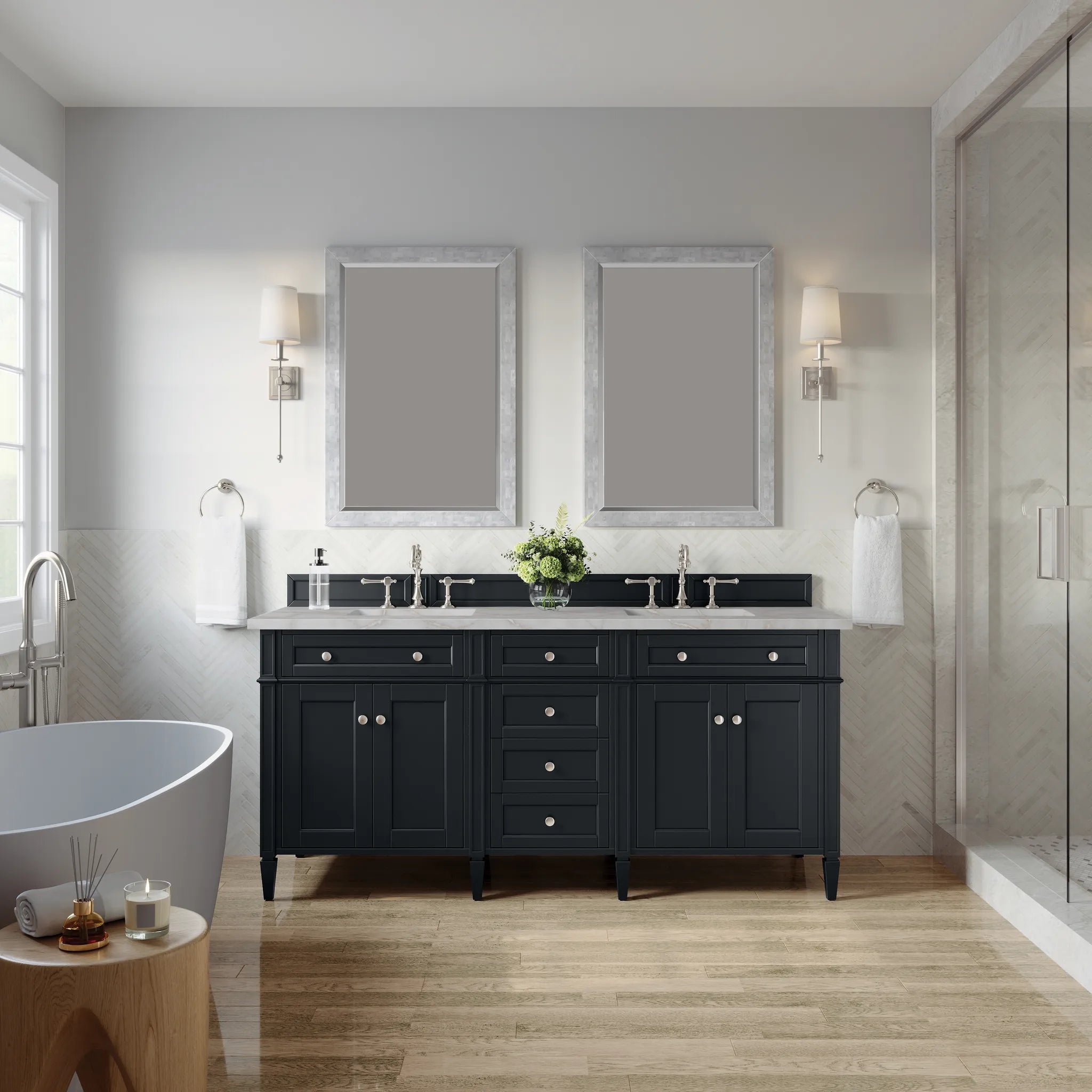 72" Brittany Double Vanity in Black Onyx-Victorian Silver Silestone-8" Widespread image 1