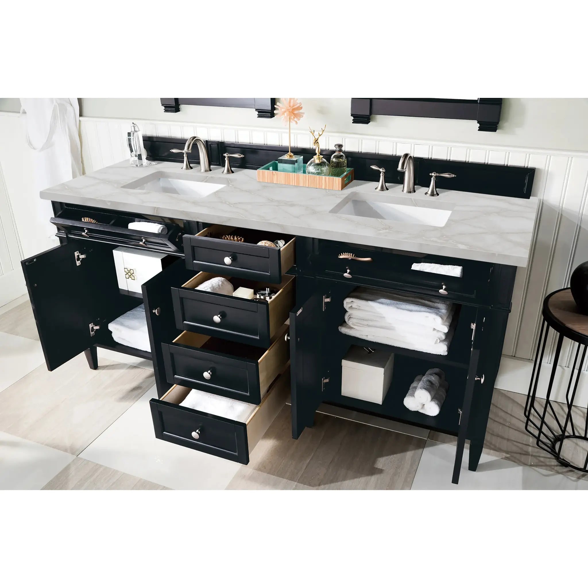 72" Brittany Double Vanity in Black Onyx-Victorian Silver Silestone-8" Widespread image 3