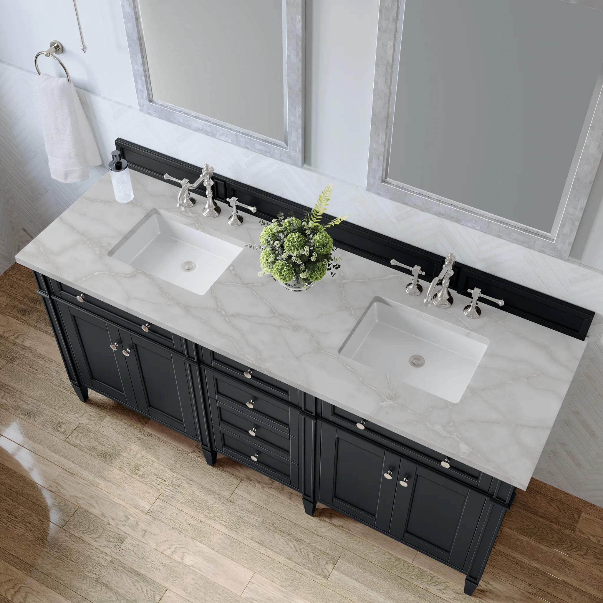 72" Brittany Double Vanity in Black Onyx-Victorian Silver Silestone-8" Widespread image 4
