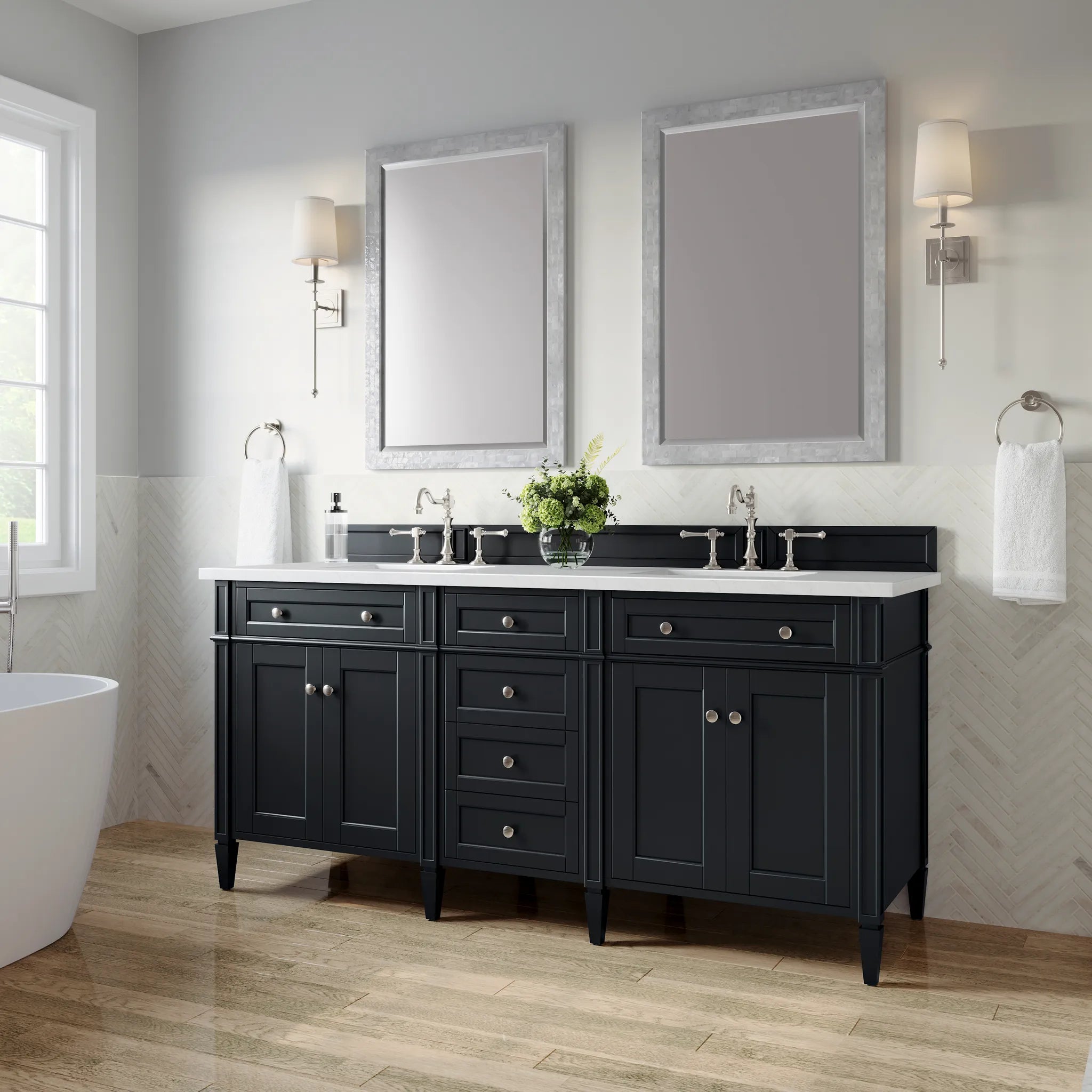 72" Brittany Double Vanity in Black Onyx-White Zeus Silestone-8" Widespread image 1
