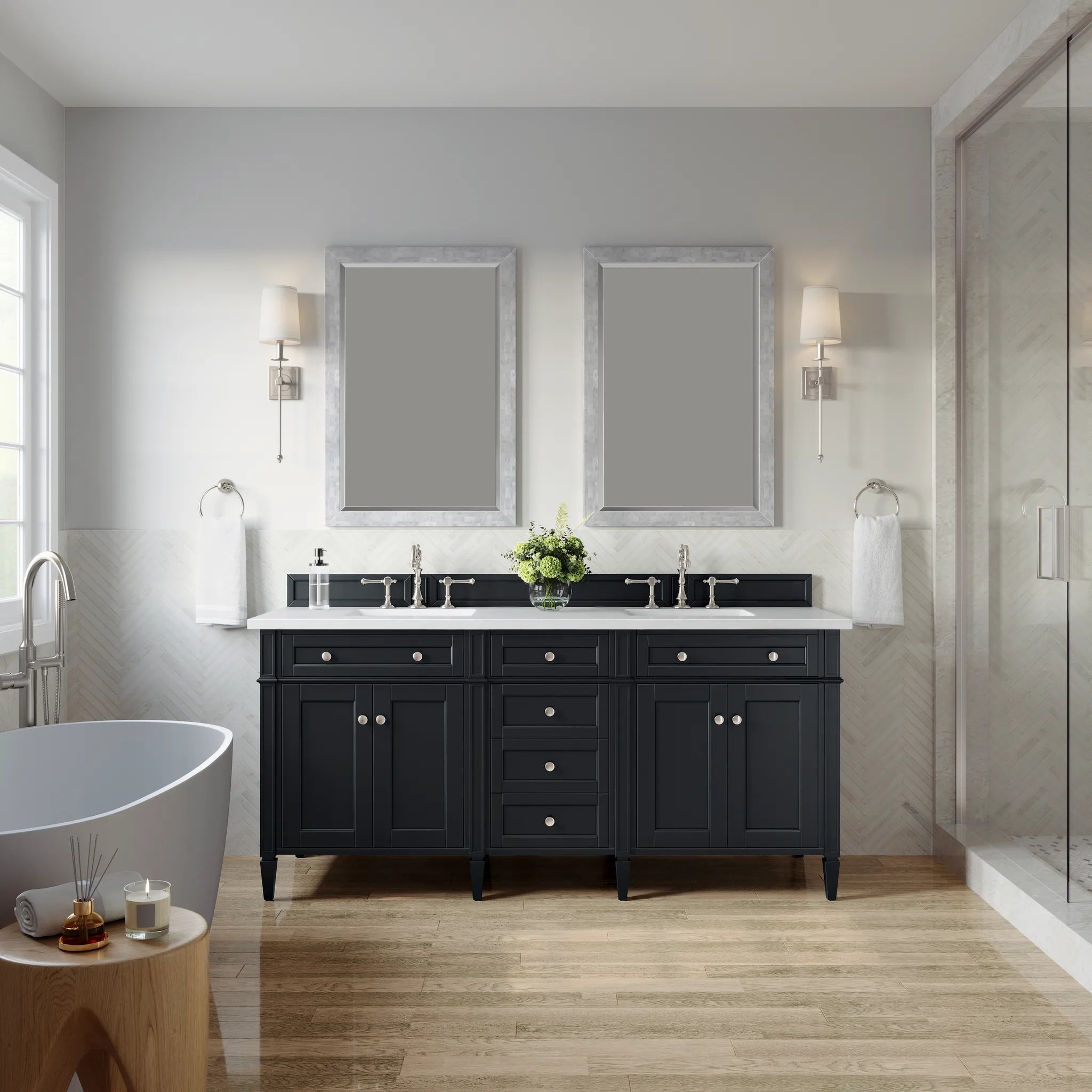 72" Brittany Double Vanity in Black Onyx-White Zeus Silestone-8" Widespread image