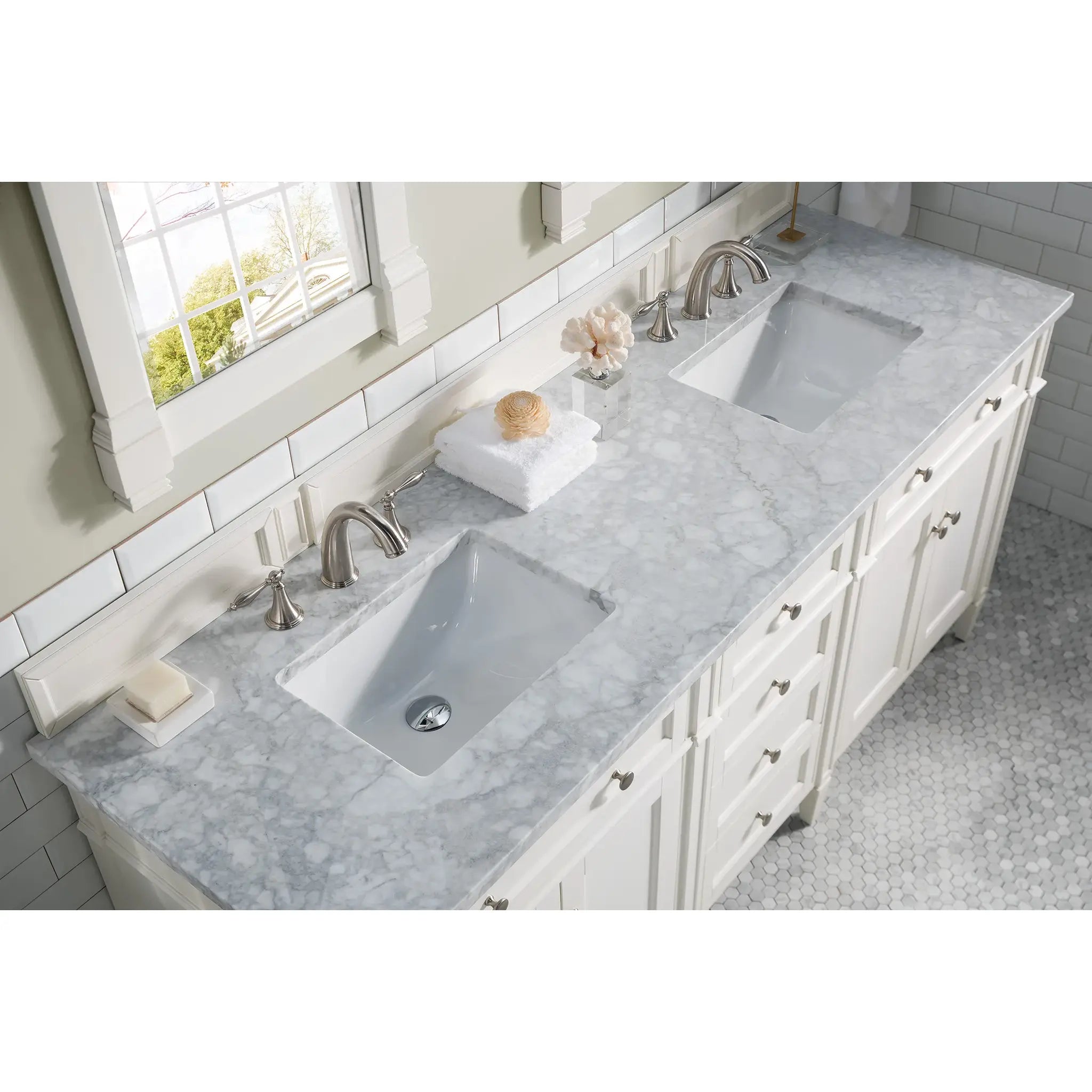 72" Brittany Double Vanity in Bright White Vanity-Carrara White Marble-8" Widespread image 1