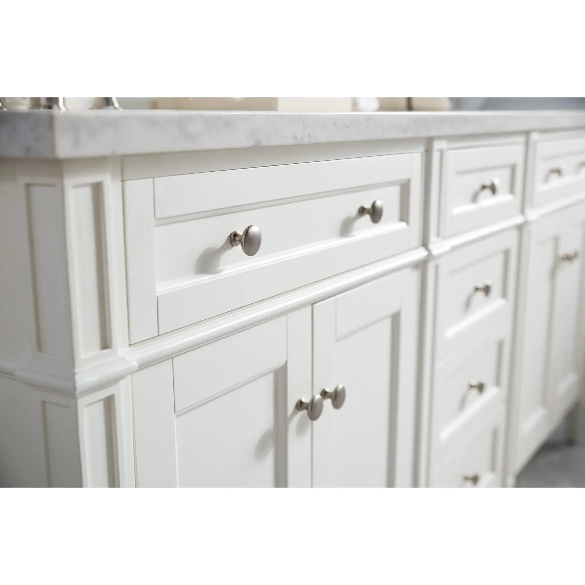 72" Brittany Double Vanity in Bright White Vanity-Carrara White Marble-8" Widespread image 4