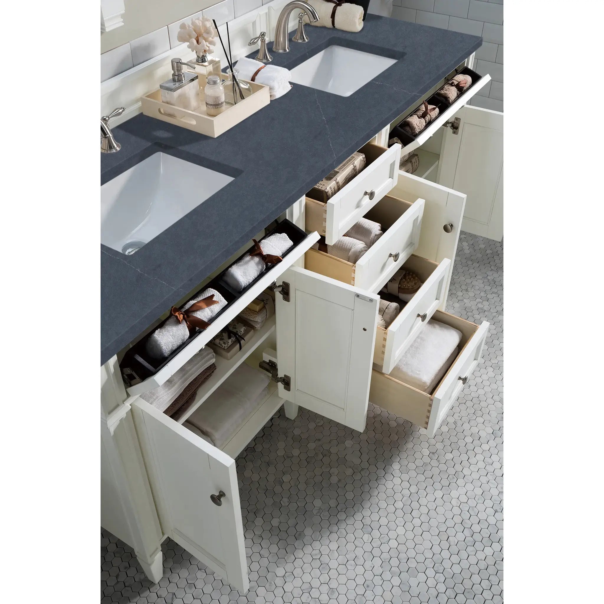 72" Brittany Double Vanity in Bright White Vanity-Charcoal Soapstone Silestone-8" Widespread image 3