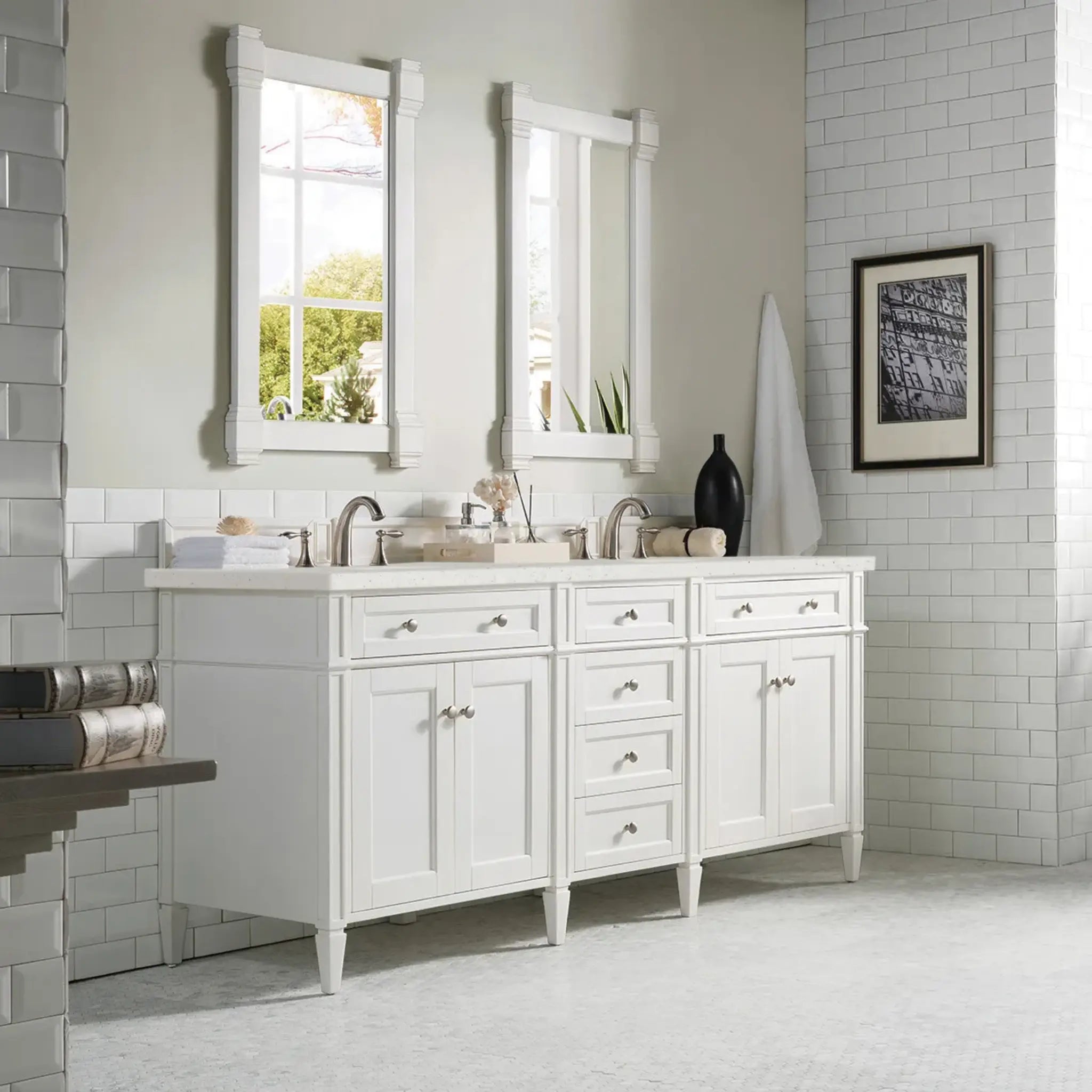 72" Brittany Double Vanity in Bright White Vanity-Lime Delight Silestone-8" Widespread image 2
