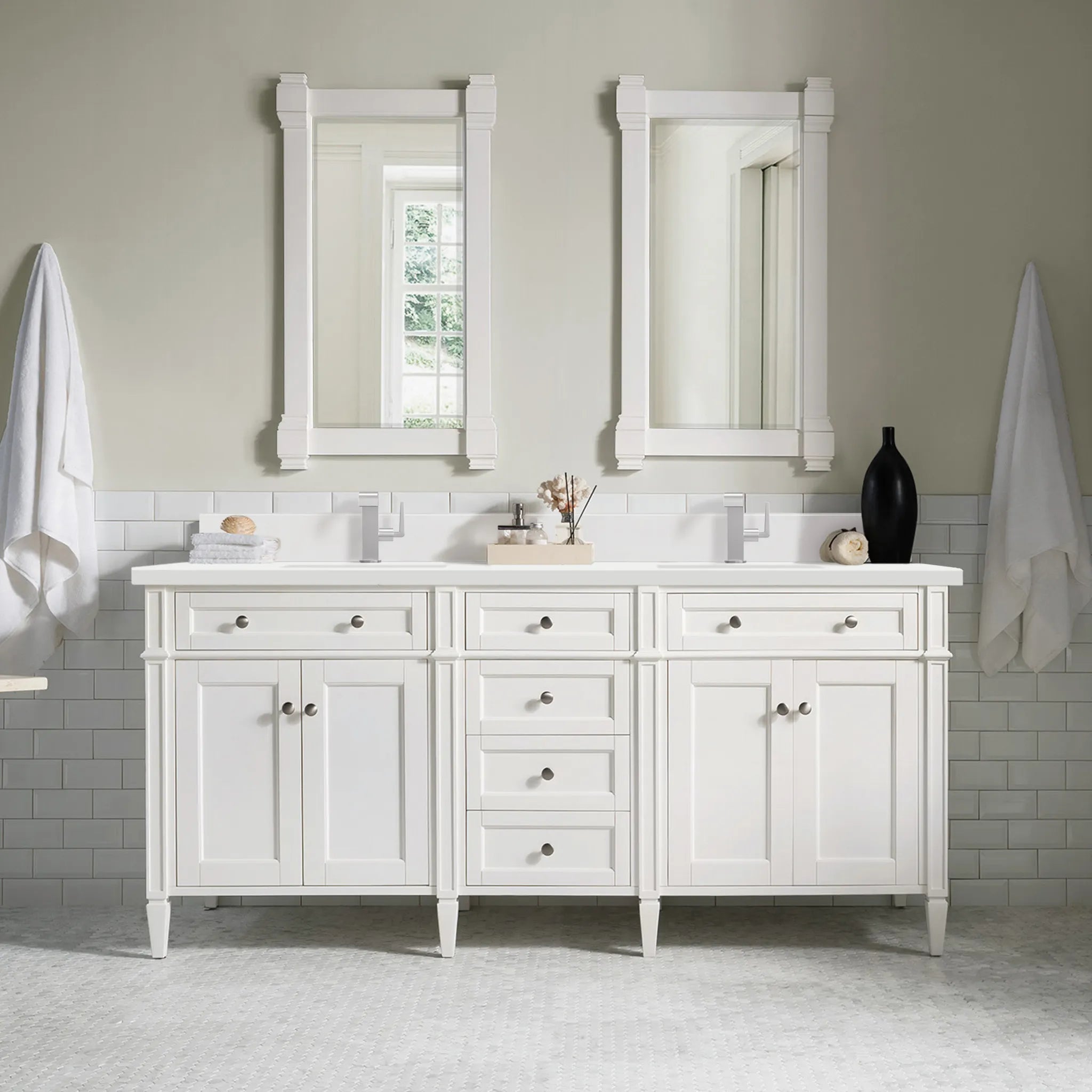 72" Brittany Double Vanity in Bright White Vanity-White Zeus Silestone & Backsplash-Single Hole image 2